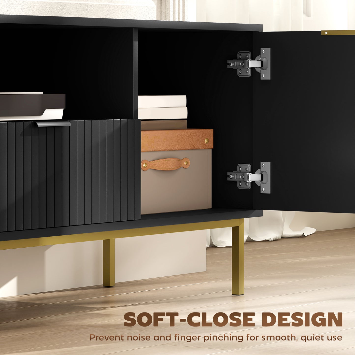 Modern TV Console for TVs up to 50 Inch, Entertainment Center with Smart RGB LED Lights and Soft Close Doors, Black