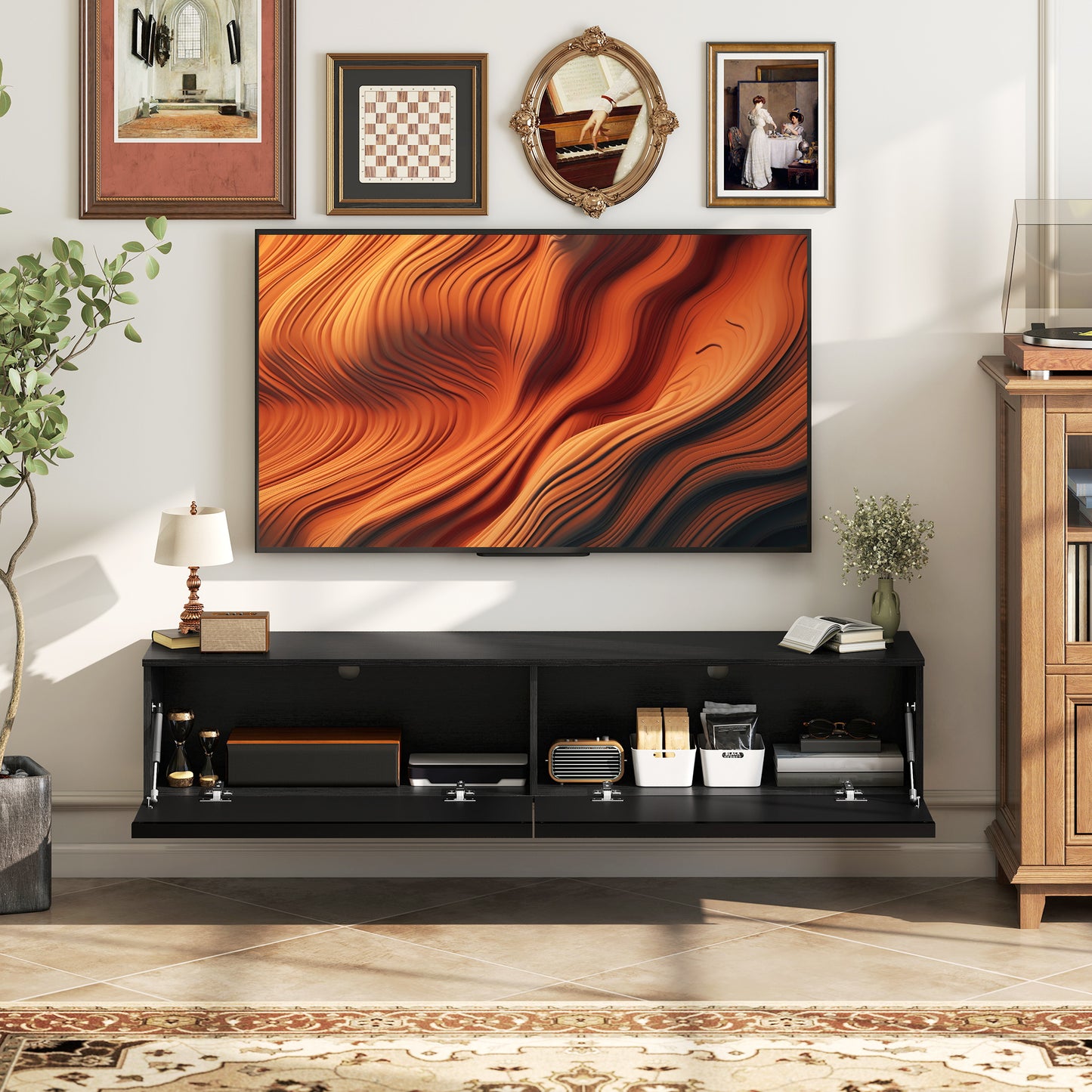 Wall Mounted TV Stand, Floating TV Cabinet with Storage, for TVs up to 70", High Gloss Effect, Black