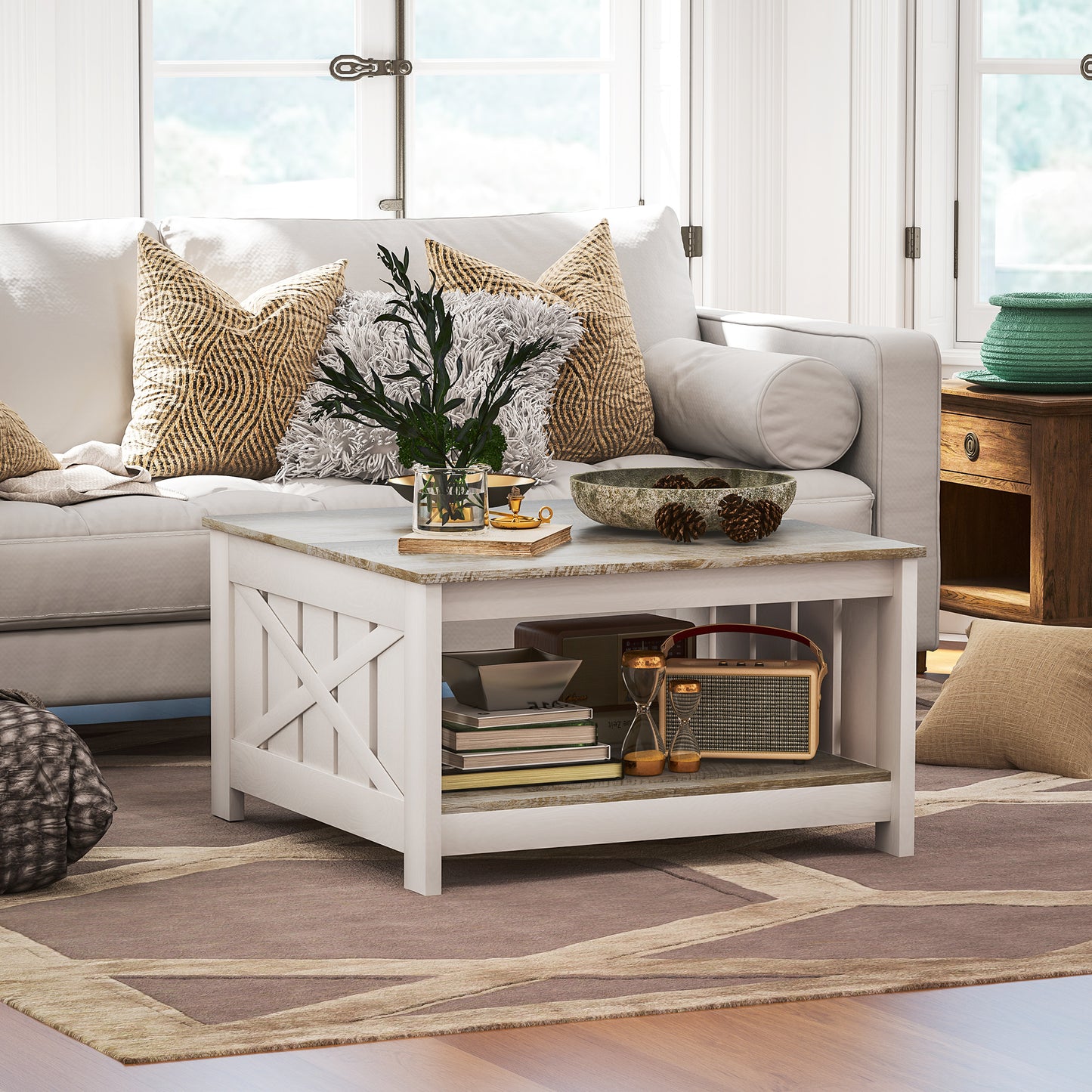 31.5" Square Coffee Table, Farmhouse 2-Tier Center Table for Living Room, Distressed Oak and Brown