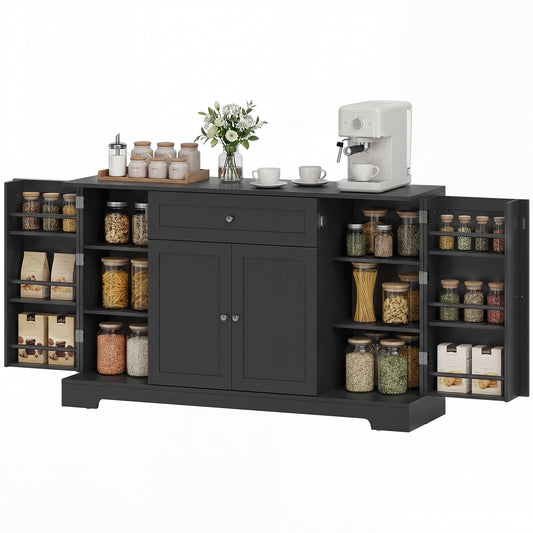 55" Modern Kitchen Storage Cabinet with Drawer, Adjustable Shelves, Small Kitchen Pantry with Door Racks, Black
