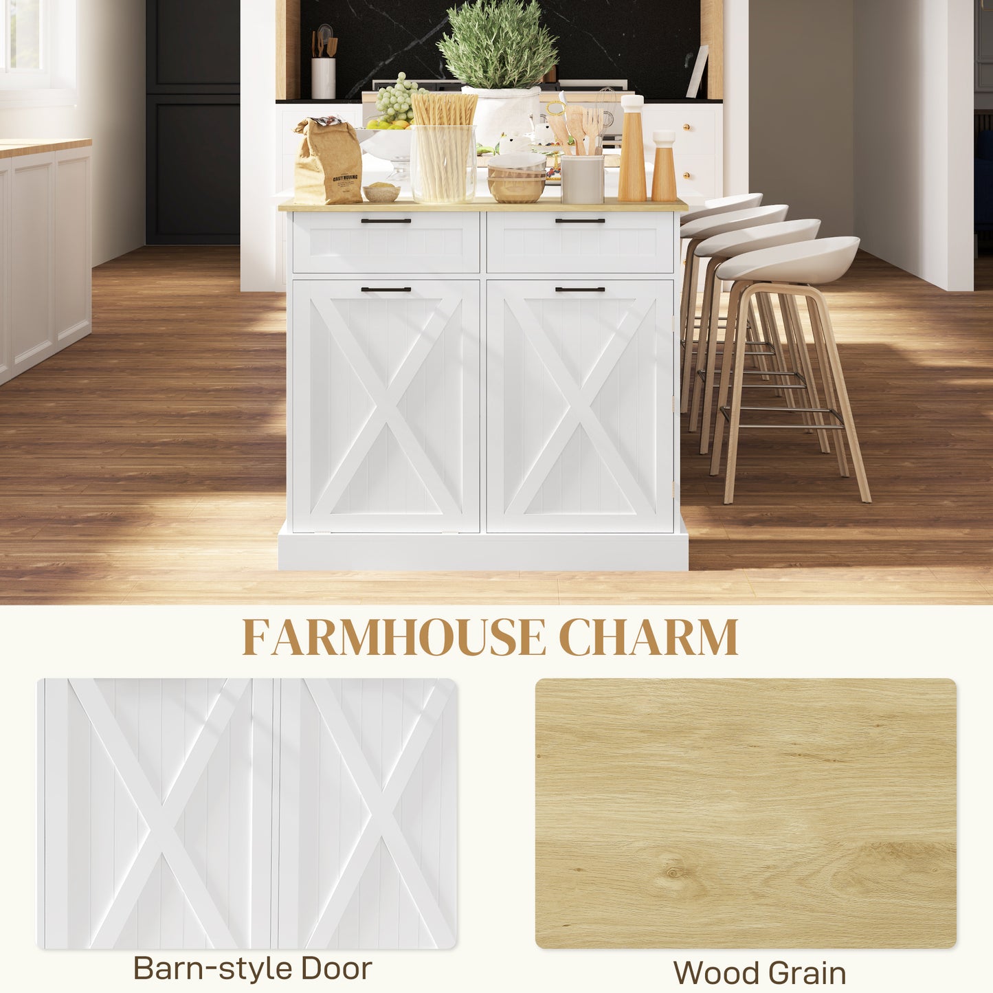 10 Gallon Hidden Garbage Bin Cabinet, Tilt Out Trash Cabinet w/ 2 Drawers, Freestanding Kitchen Island, White