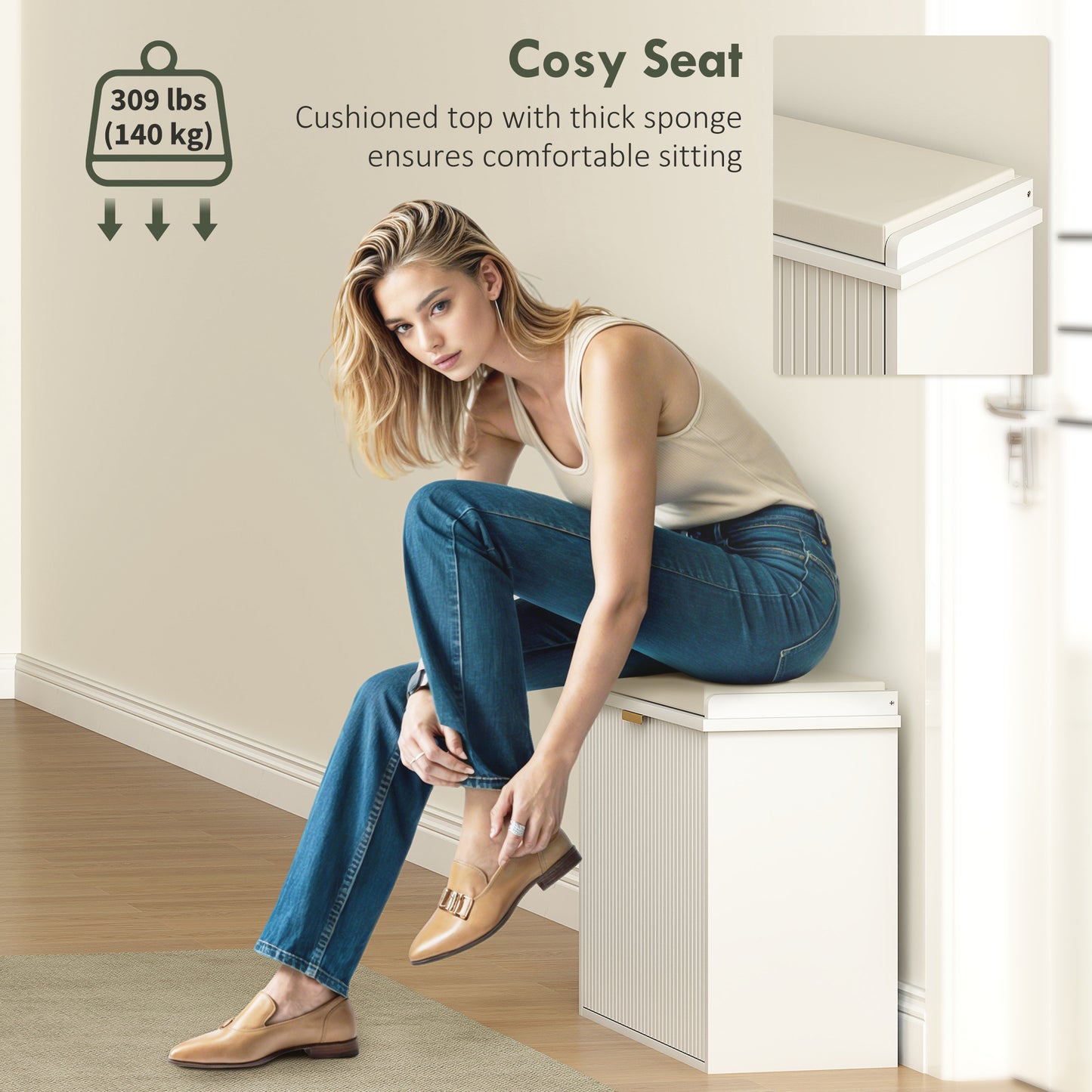 Entryway Bench with Padded Seat and Flip-Drawers, Holds up to 265lbs, Shoe Storage Bench for 6 Pairs of Shoes, White