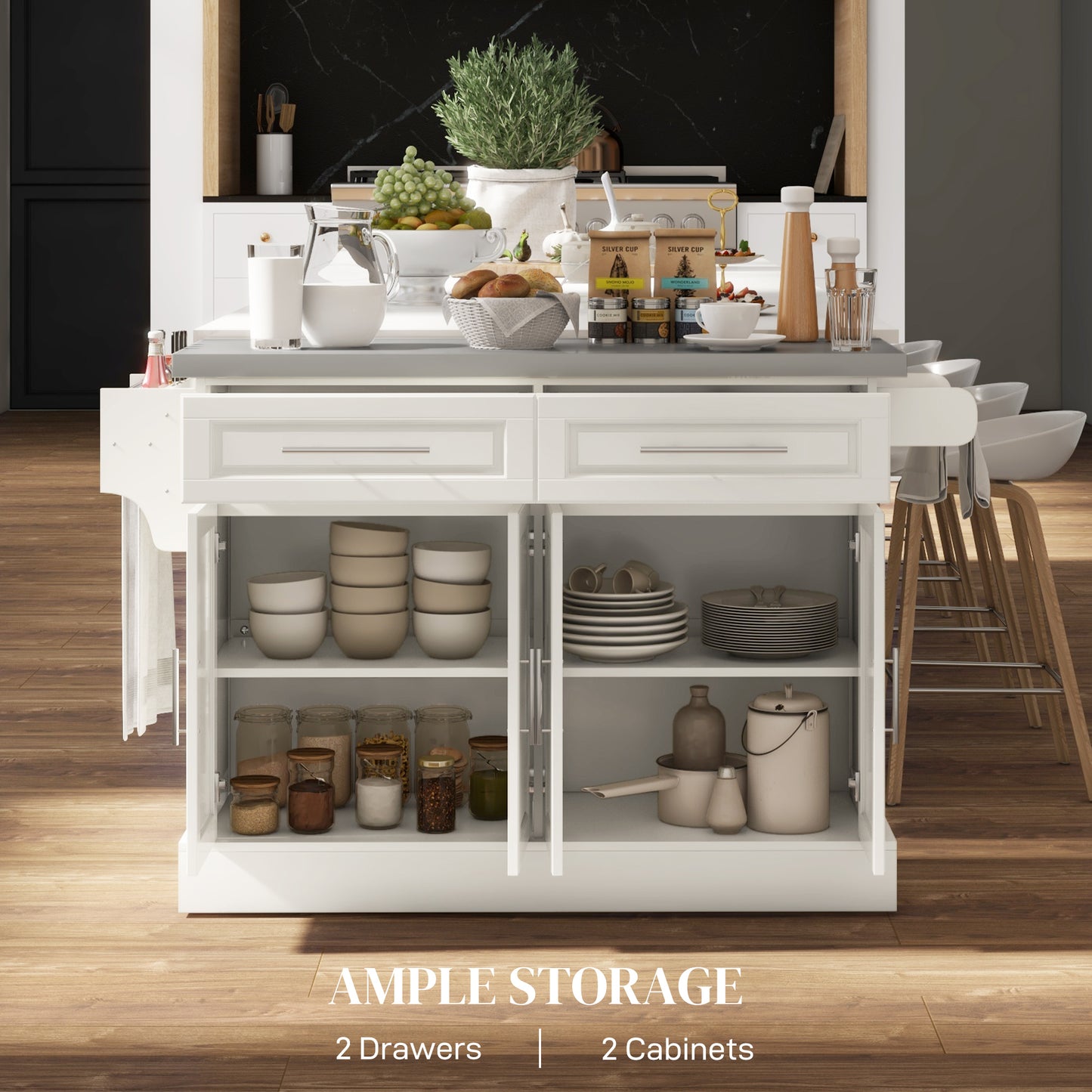 Rolling Kitchen Island with Storage and Stainless Steel Top, Kitchen Trolley with Drawers, Cabinets, Towel Rack, Cream