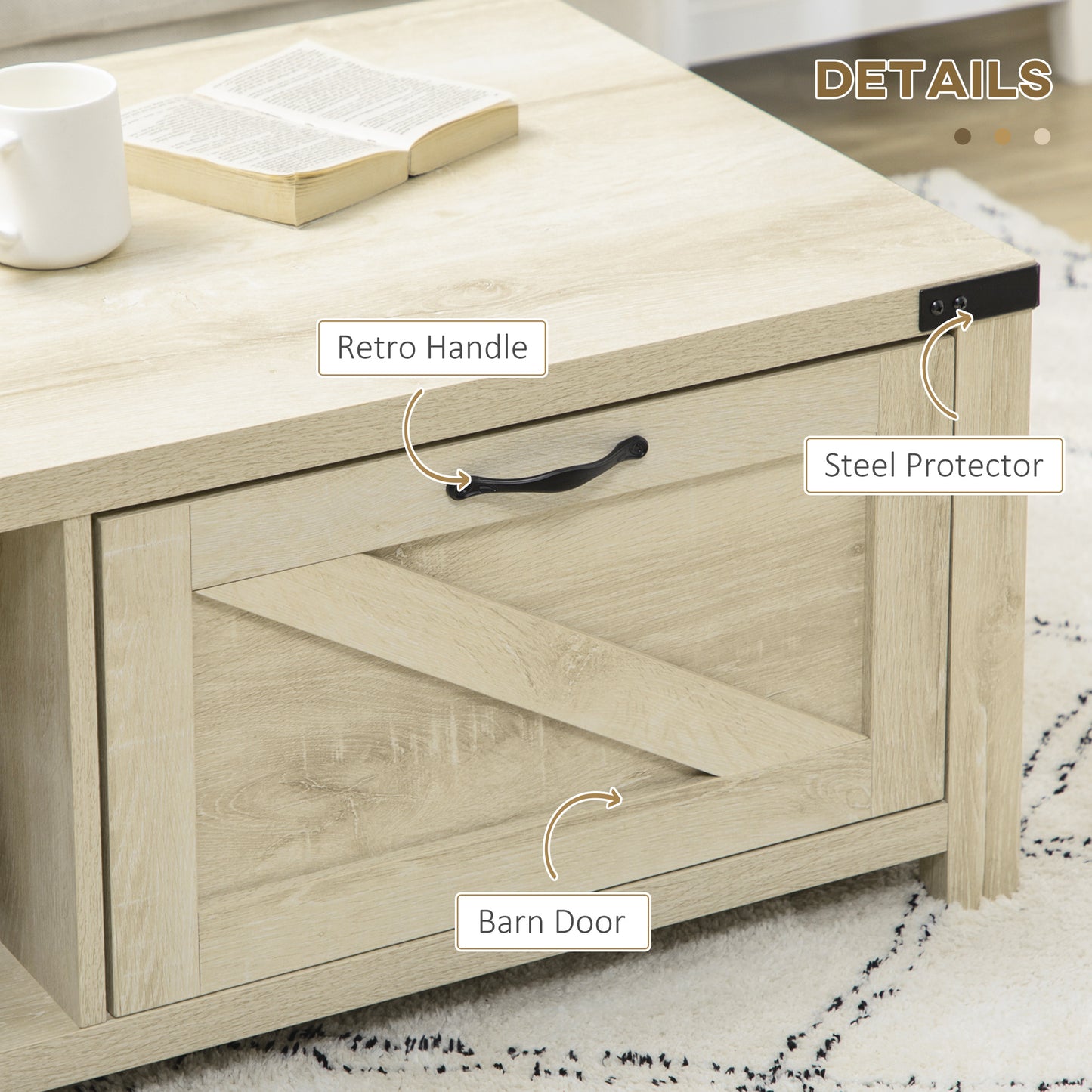 Industrial Coffee Table Side End Table with Drawer, Open Storage Shelf, Modern Farmhouse Furniture, for Living Room, Dining Room, Office, White Oak