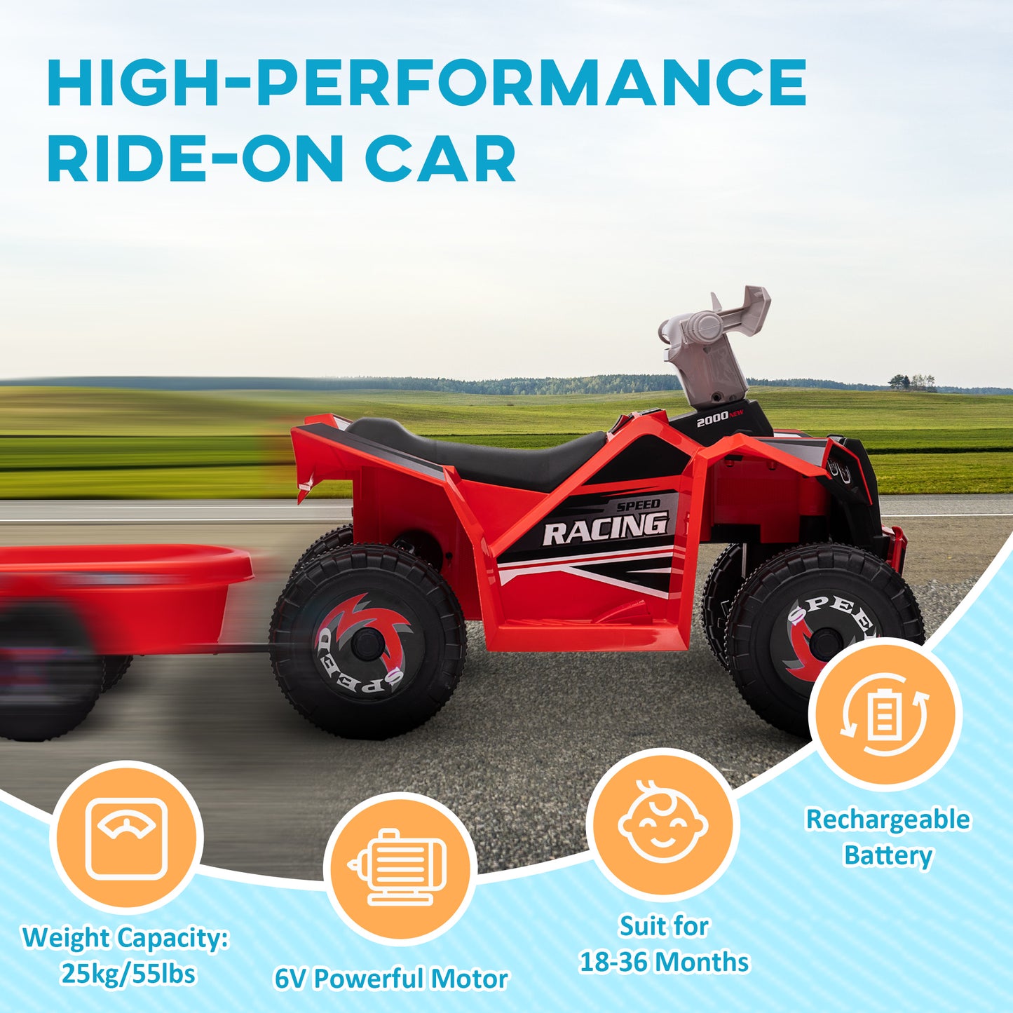 Aosom 6V Electric Toy Car with Back Trailer, Forward Backward, Wear-Resistant Wheels for Ages 18-36 Months, Red