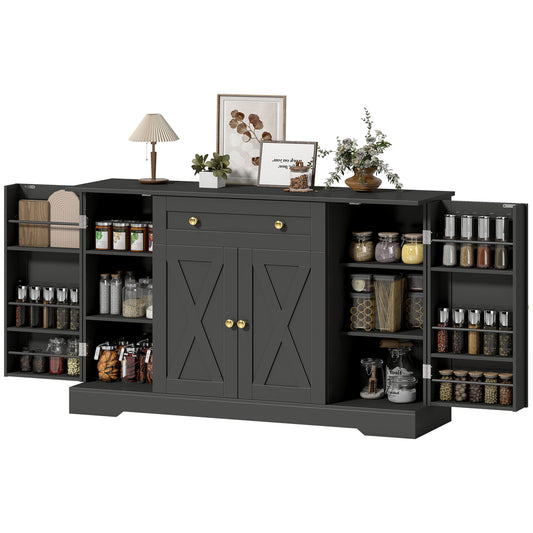 Sideboard Buffet Cabinet, Farmhouse Coffee Bar Cabinet with Door Shelves, Adjustable Shelves, Drawer, Barn Doors, Black