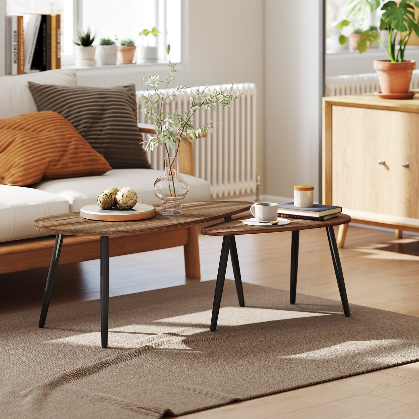 2 Pieces Coffee Table Set for Living Room, Industrial Nest of Tables with Steel Legs, Brown