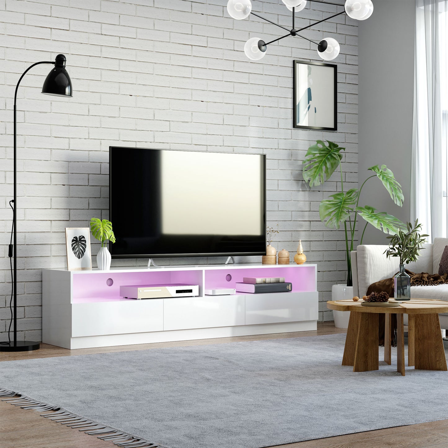LED Lighted TV Stand for TVs up to 75", Modern TV Cabinet with Storage Drawers for Living Room, High Gloss White