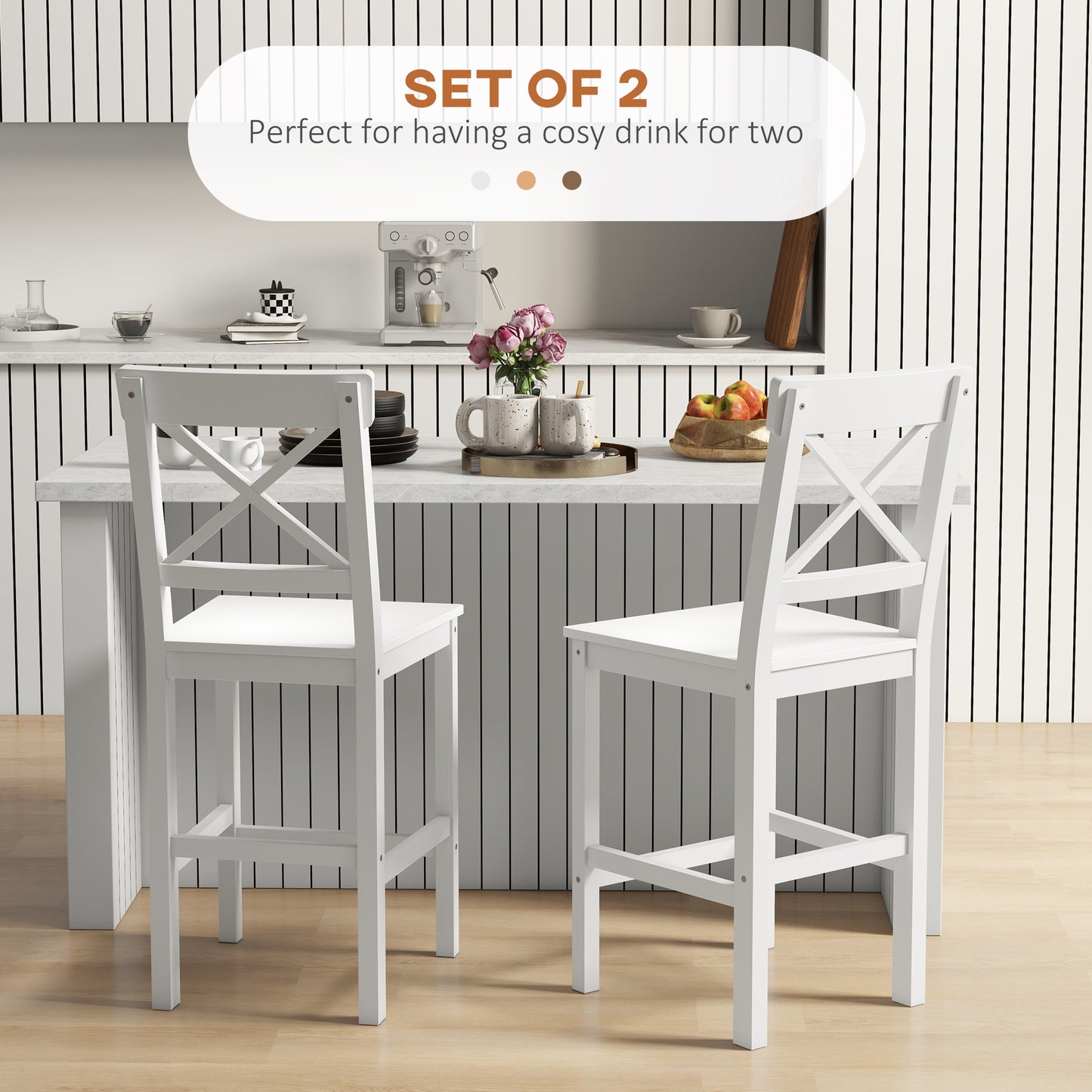 Counter Height Stools Set of 2, Farmhouse Bar Stools with Backs, Solid Wood Counter Stools for Kitchen Island White