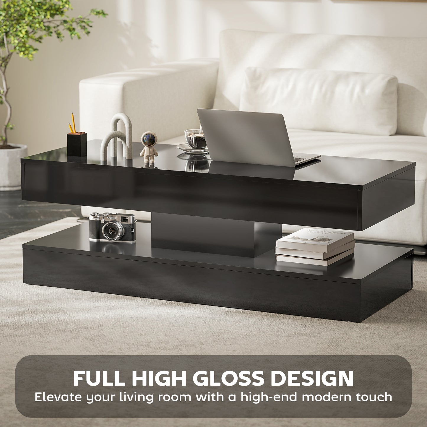 Coffee Table with Adjustable LED Lights, Modern Living Room Table with 2 Drawers, Open Shelf, Remote, High Gloss Black
