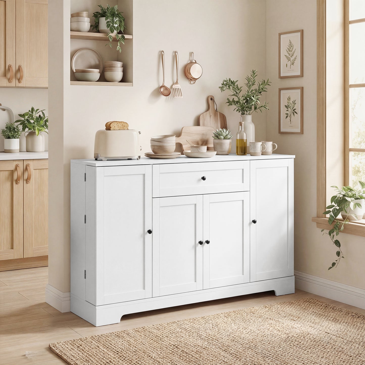 55" Modern Kitchen Storage Cabinet with Drawer, Adjustable Shelves, Small Kitchen Pantry with Door Racks, White