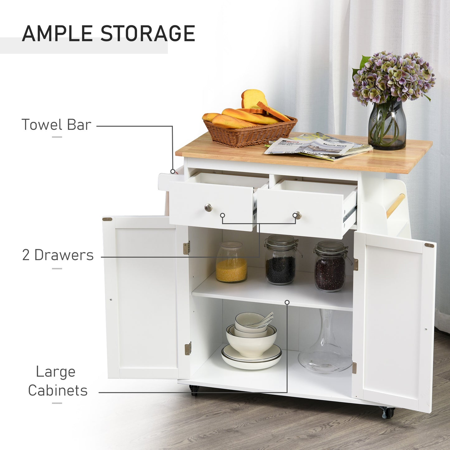 Rolling Kitchen Island Trolley Storage Cart with Rubber Wood Top, 3-Tier Spice Rack, Towel Rack Home Kitchen Carts, White