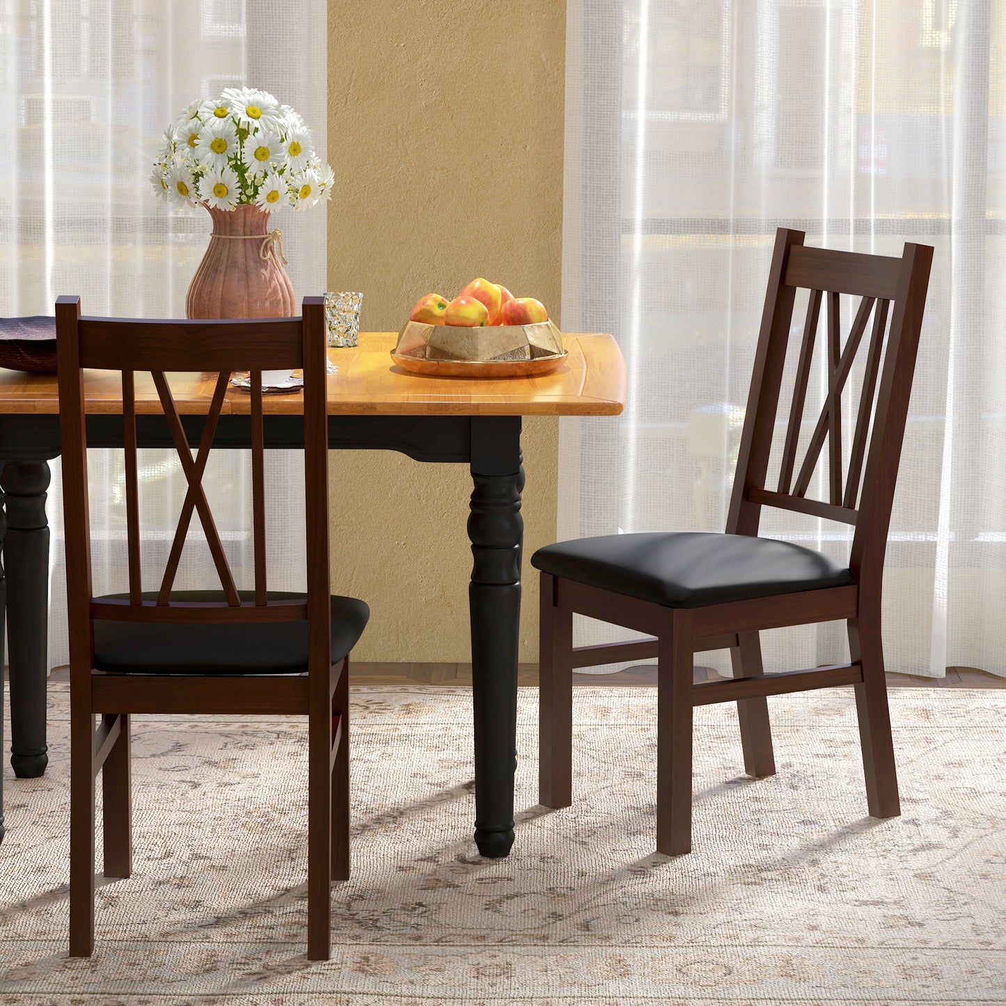 Farmhouse Dining Table Chairs Set of 2, Pine Wood Kitchen Table Chairs with PU Leather Cushion for Living Room, Bedroom