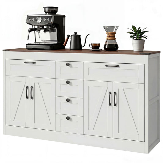 Sideboard Buffet Cabinet, 55" Farmhouse Kitchen Cabinet with 4 Barn Doors, 6 Drawers and 2 Adjustable Shelves, White
