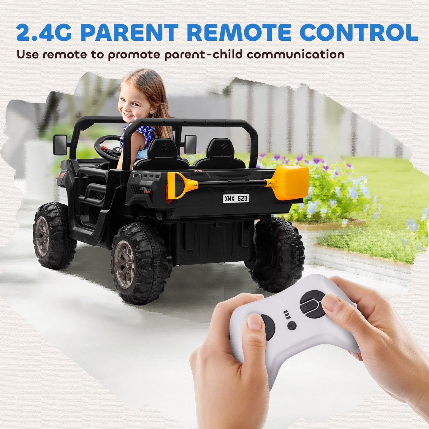 Aosom 12V Ride on Car with Electric Bucket, Two-Seater, Shovel, Remote Control, Spring Suspension, Horn, Music, Black