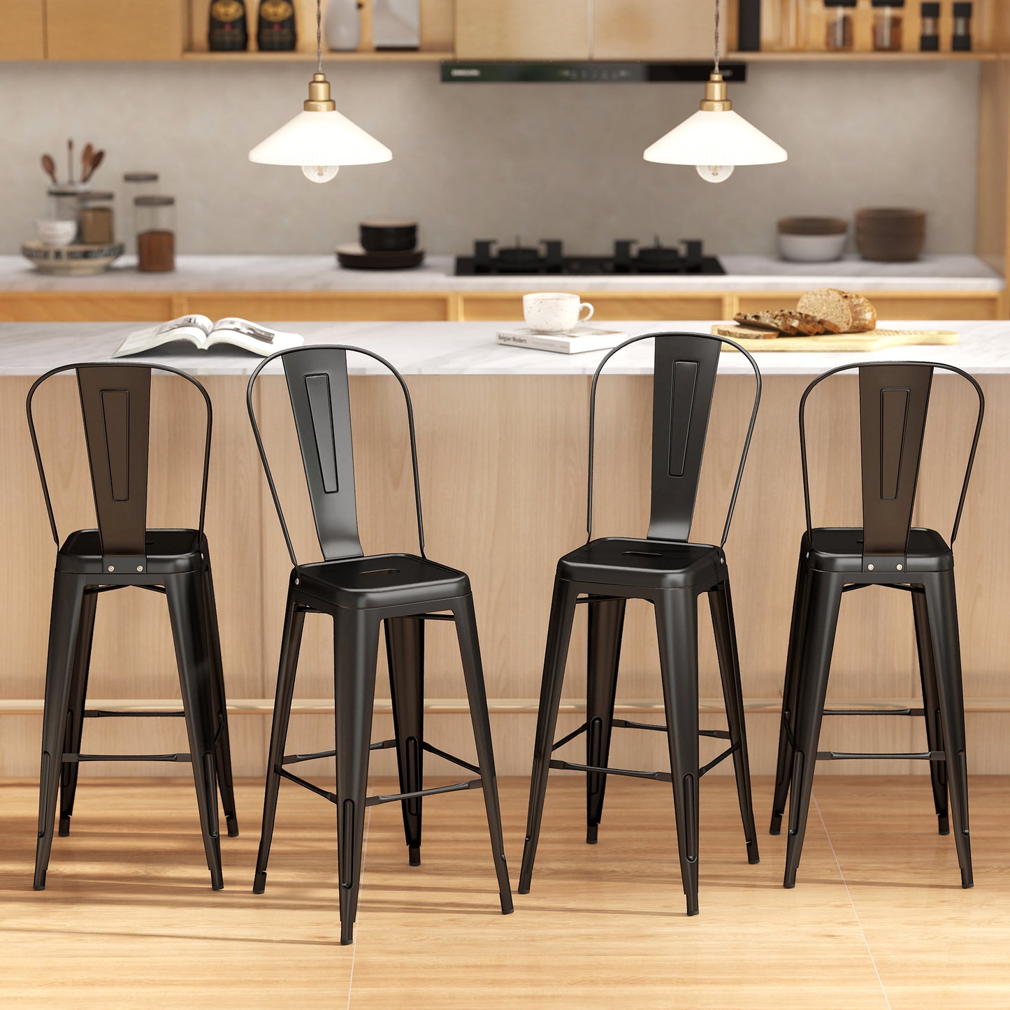 24" Set of 4 Bar Stools Kitchen Industrial Breakfast Bistro Cafe Metal Frame Black