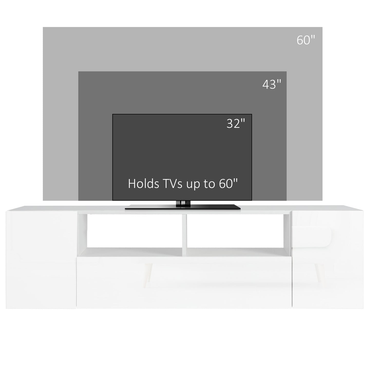 TV Stand for TVs up to 60", TV Unit with LED Lights, Storage Shelves and Cupboards, 53.9" x 13.8" x 16.5", White