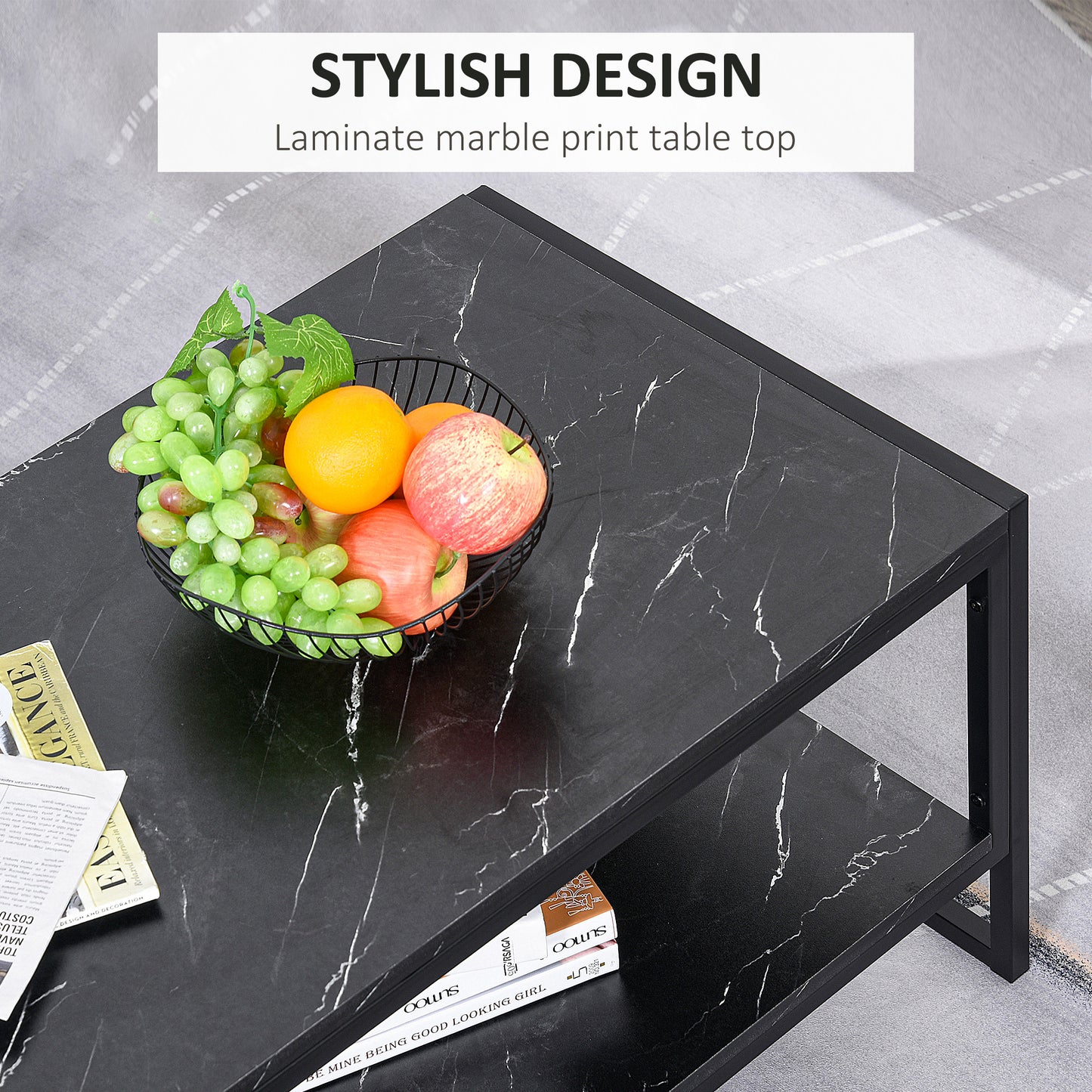 2-Tier Coffee Table with Storage Shelf, Cocktail Table with Marble Textured Table Top, for Living Room Bedroom Dorm, Black