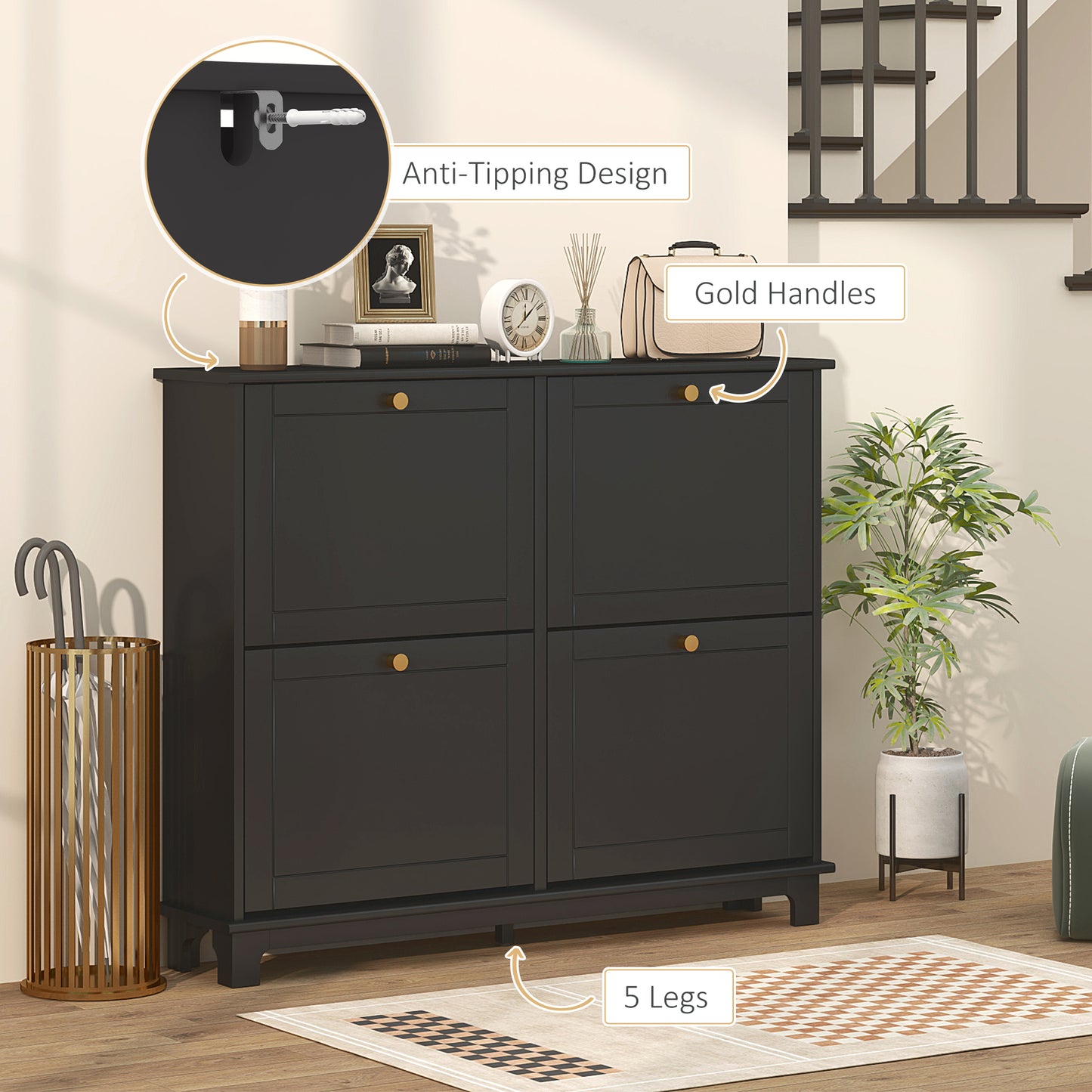 Modern Shoe Storage Cabinet, Narrow Shoe Cabinet with 4 Flip Drawers, Adjustable Shelves, 5 Legs for Entryway, Black