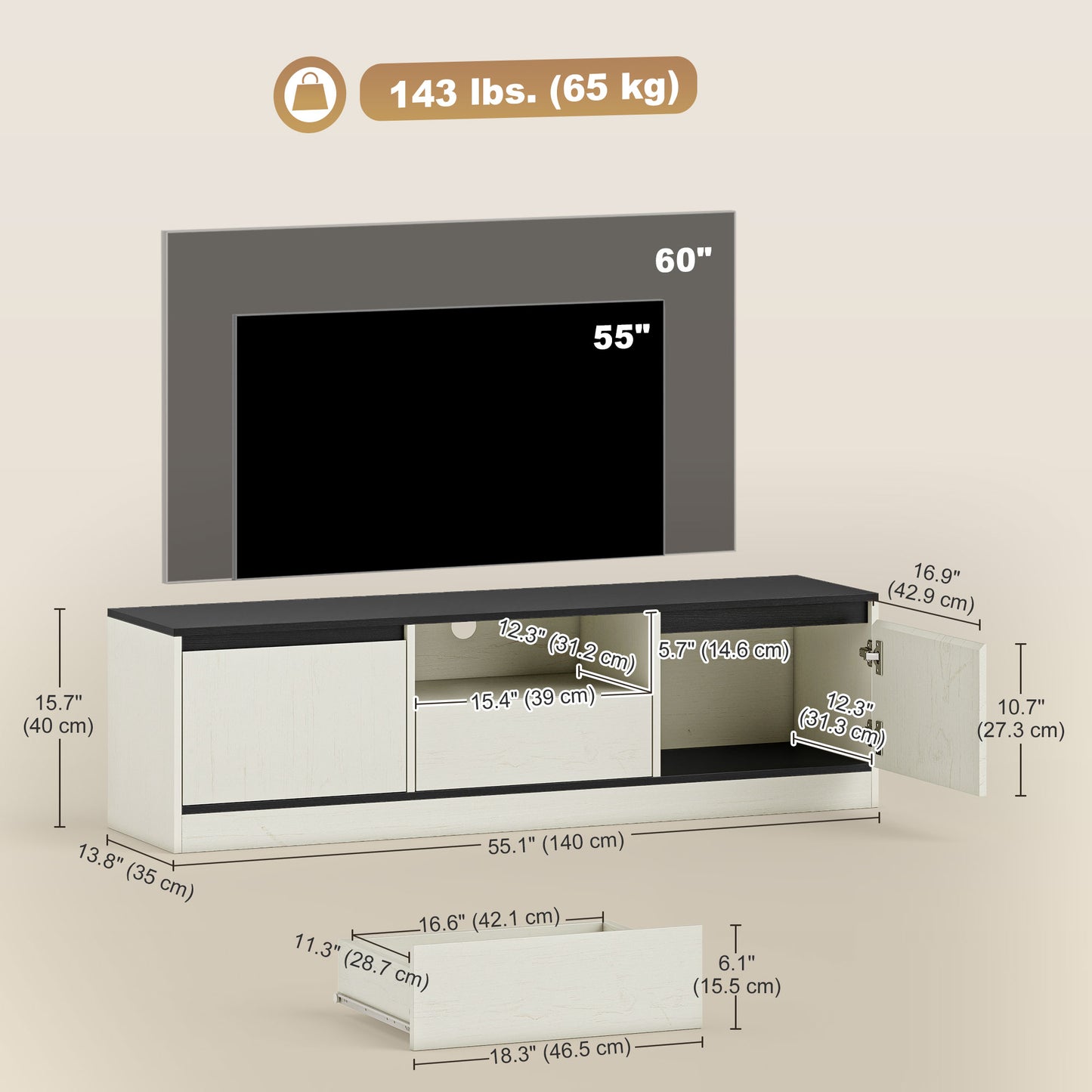 TV Stand for 55-60 Inch TV,  Entertainment Center w/ Cabinets, Shelf, Drawer and Cable Management for Living Room, White