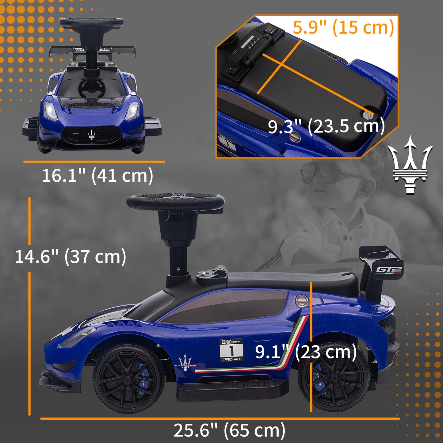Qaba 6V Maserati GT2 Licensed Electric Car for Kids, Ride on Car with Under Seat Storage, LED Headlights Music, Blue