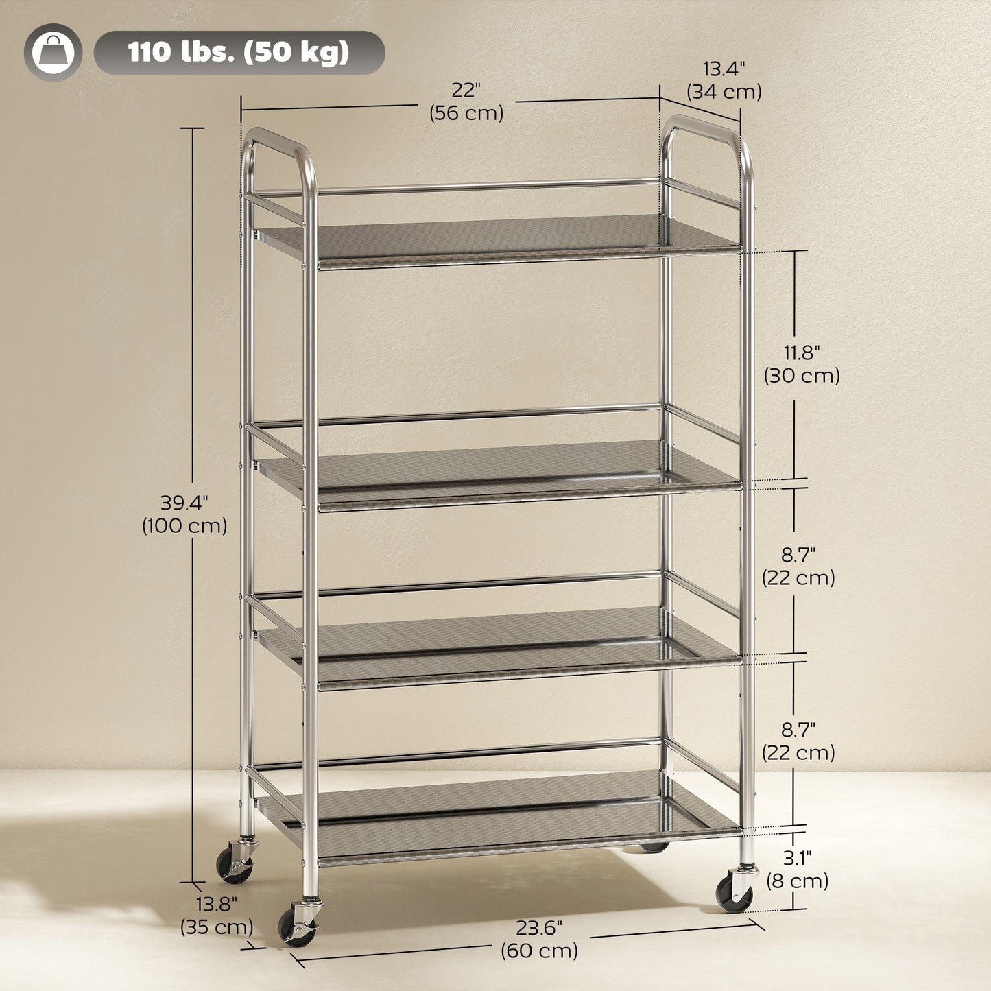 4 Tier Stainless Steel Rolling Cart with Adjustable Shelves, Utility Cart on Wheels with Handles for Kitchen, Silver