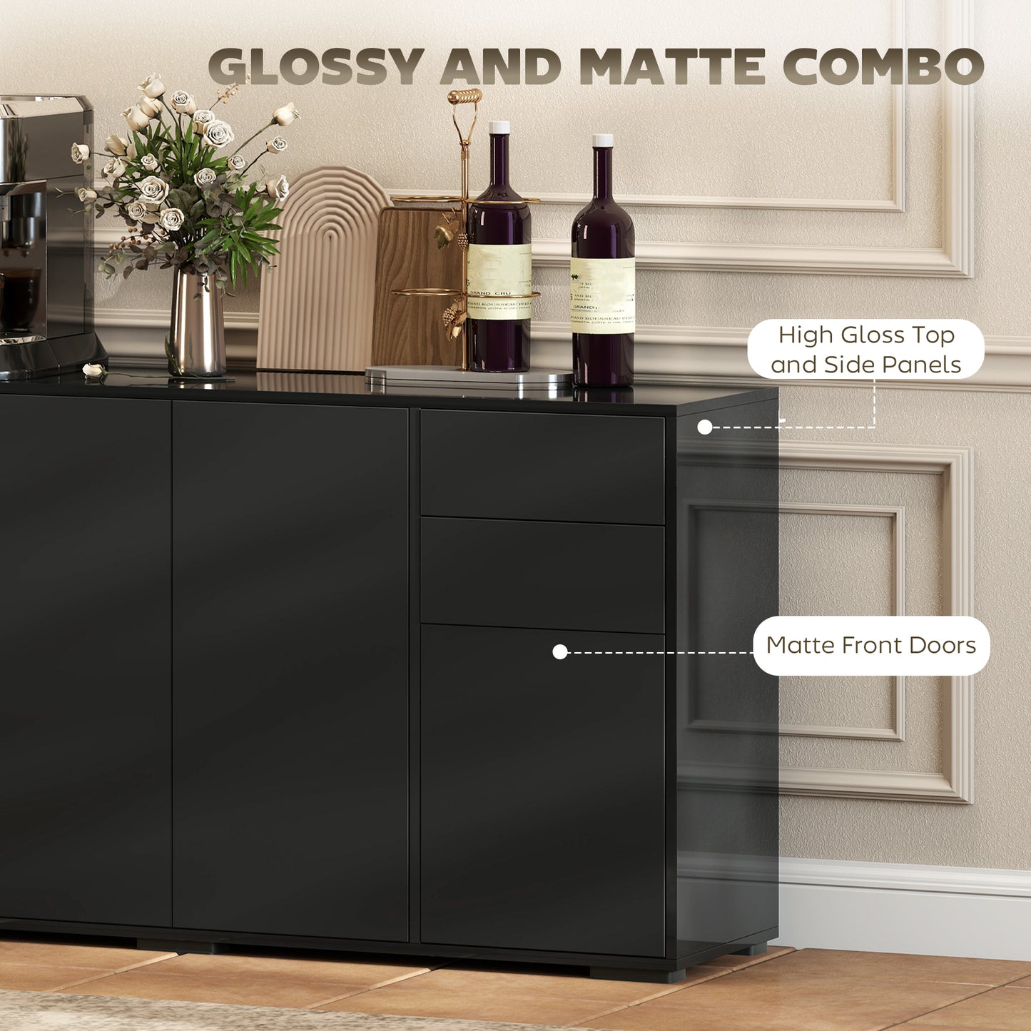 Kitchen Sideboard Storage Cabinet, Modern Coffee Bar Cabinet with Push-Open Design and 2 Drawers for Living Room, Black