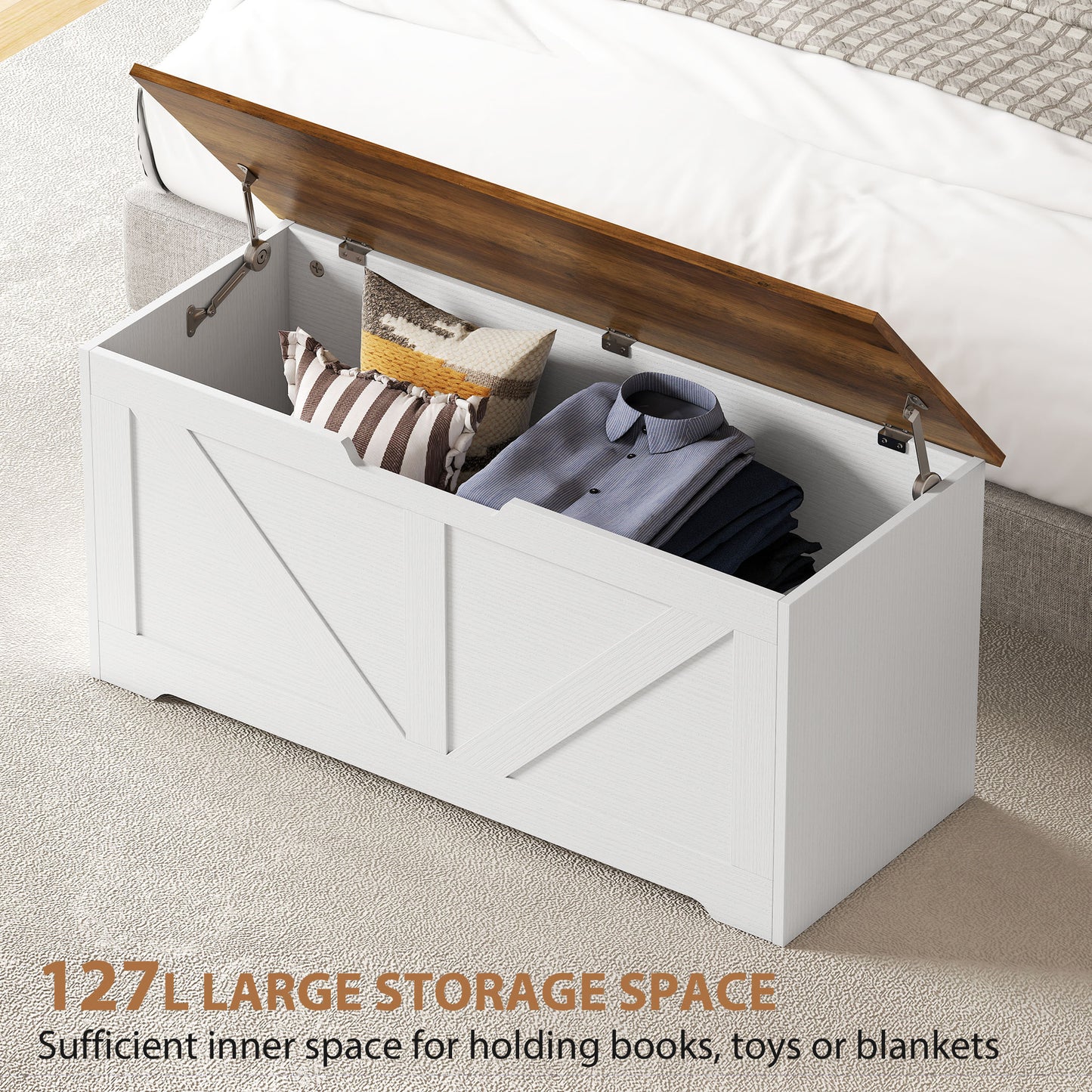 39.4 Inches Storage Chest, Storage Trunk with 2 Safety Hinges for Living Room, Brown and White Wood Grain