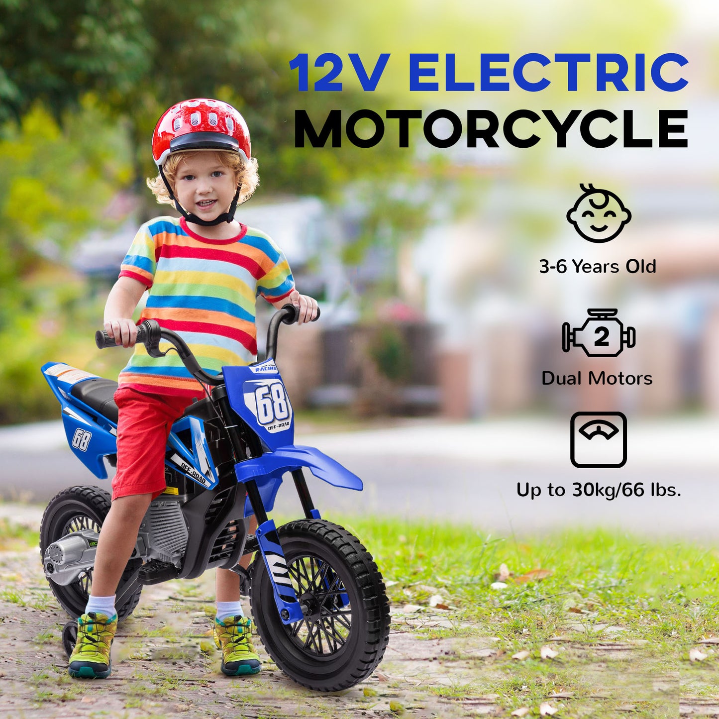 Qaba 12V Kids Dirt Bike, Electric Motorcycle with Twist Grip Throttle, Training Wheels, Rear Suspension & Music, Blue