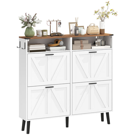 Shoe Storage Cabinet with 4 Flip Drawers, Farmhouse Narrow Shoe Cabinet, Holds Up to 24 Pairs, White