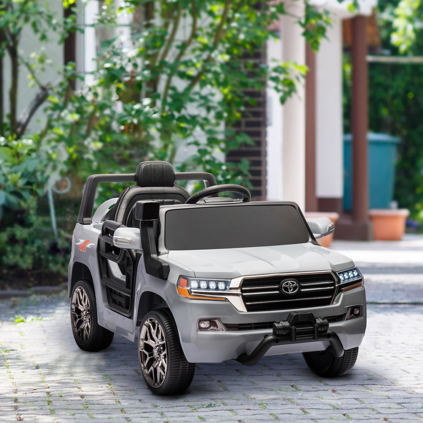 Qaba 12V Toyota LAND CRUISER Licensed Kids Car w/ Remote Control, Four Wheel Spring Suspension, Soft Start, LED Light, Grey