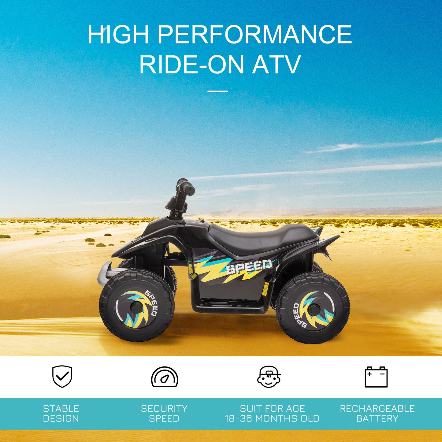 Aosom Kids Ride on ATV, 6V Battery Powered Quad Car with Forward, Reverse Switch, for Boys Girls 18-36 Months, Black