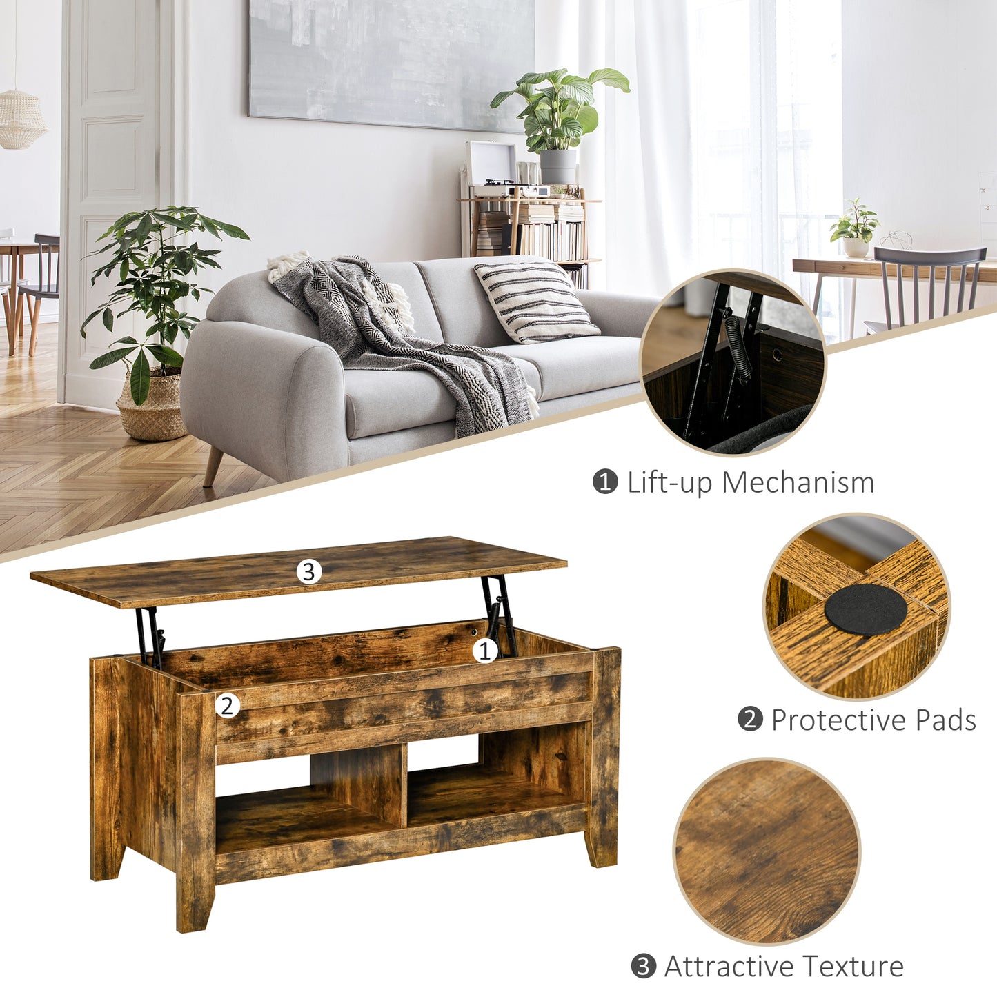 Lift Top Coffee Table with Hidden Storage Compartment and Open Shelves, Lift Tabletop Pop-Up Center Table for Living Room, Brown