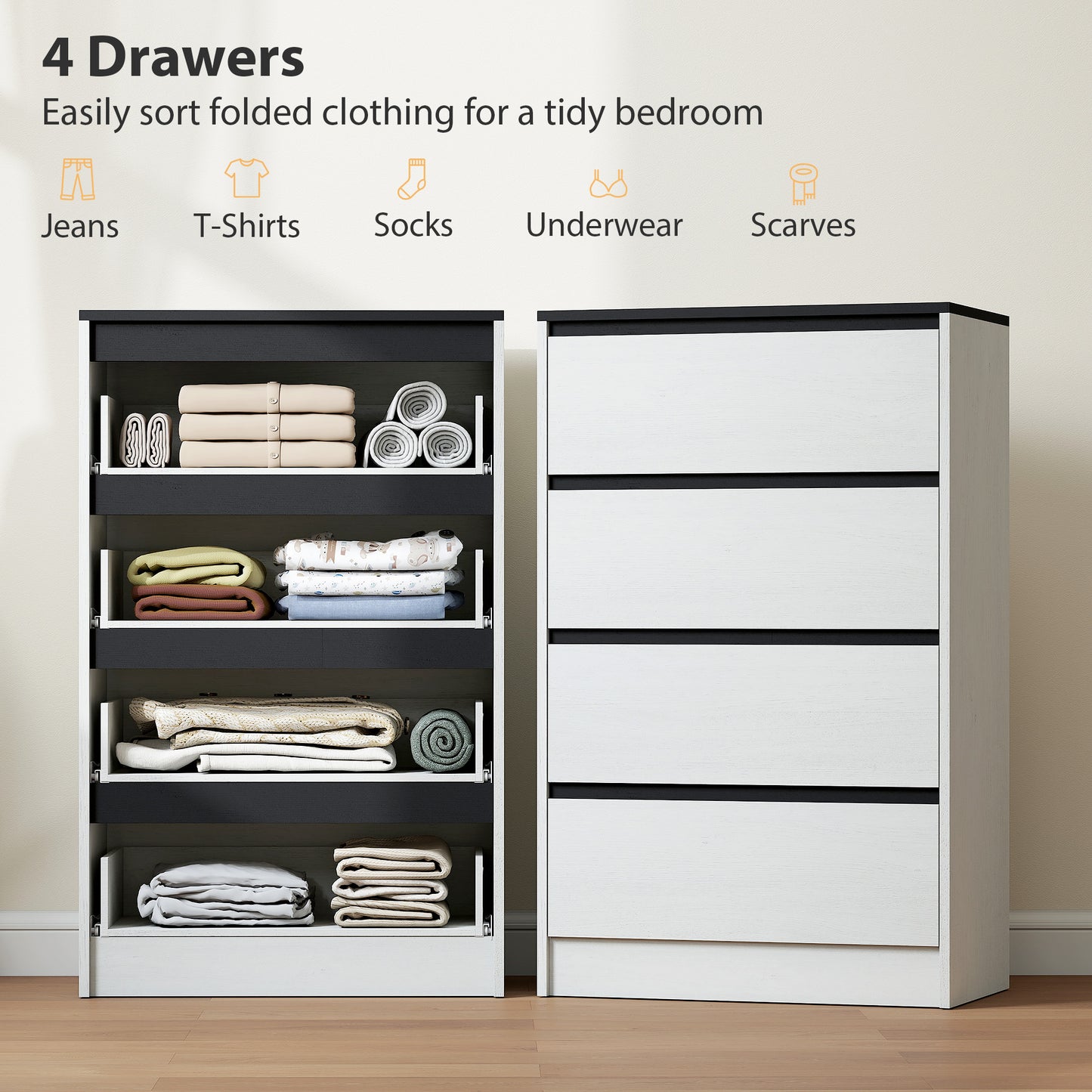 Tall Chest of Drawers, 4 Drawer Dresser for Bedroom, Living Room, Hallway, Modern Storage Cabinet, White Wood Effect