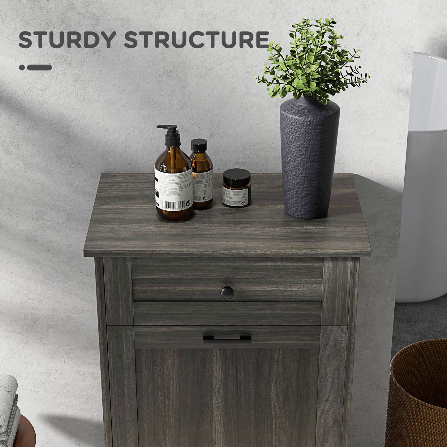 Kitchen Tilt Out Trash Bin Cabinet, Free Standing Recycling Cabinet, Trash Can Holder with Drawer, Charcoal Grey