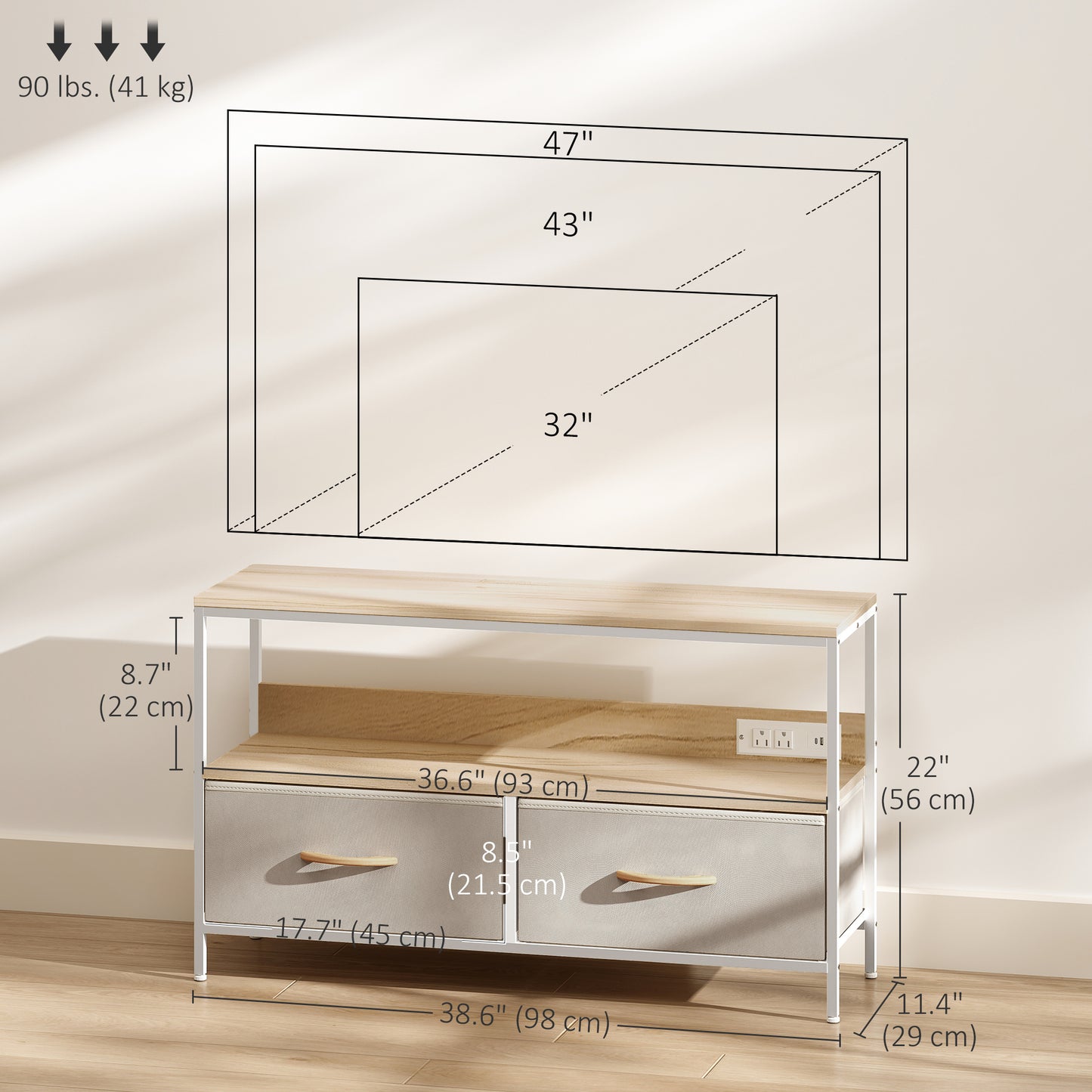 TV Stand with Charging Station, TV Table with 2 Foldable Linen Drawers and Open Shelf for 47 Inch TV, Oak