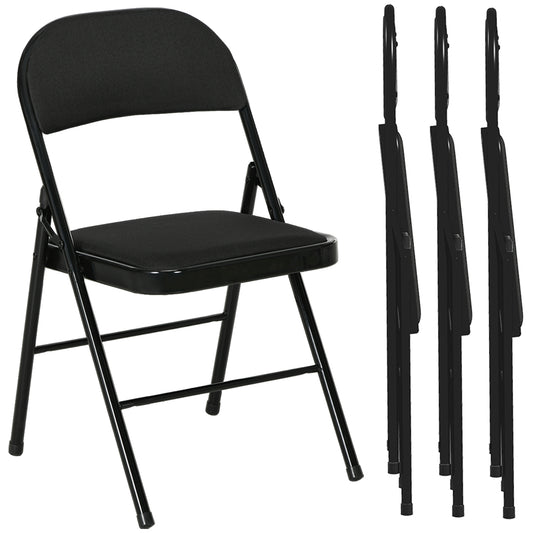 Set of 4 Metal Foldable Chairs, Faux Linen Padded Folding Chairs with Cushion Seat and Open Back for Indoor, Black