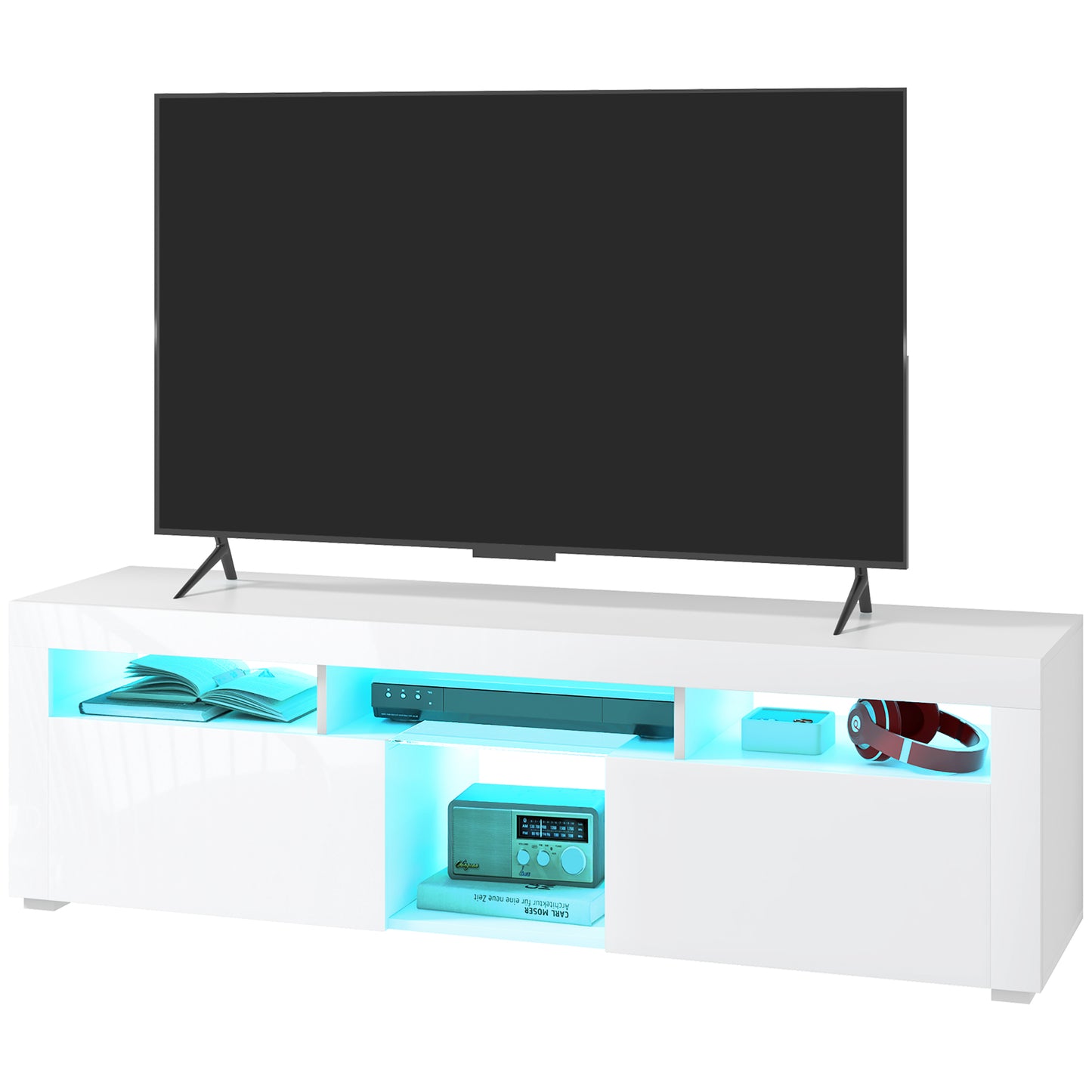 Modern TV Stand with Storage and LED Lights for TVs up to 55", TV Cabinet with Open Compartments, High Gloss White