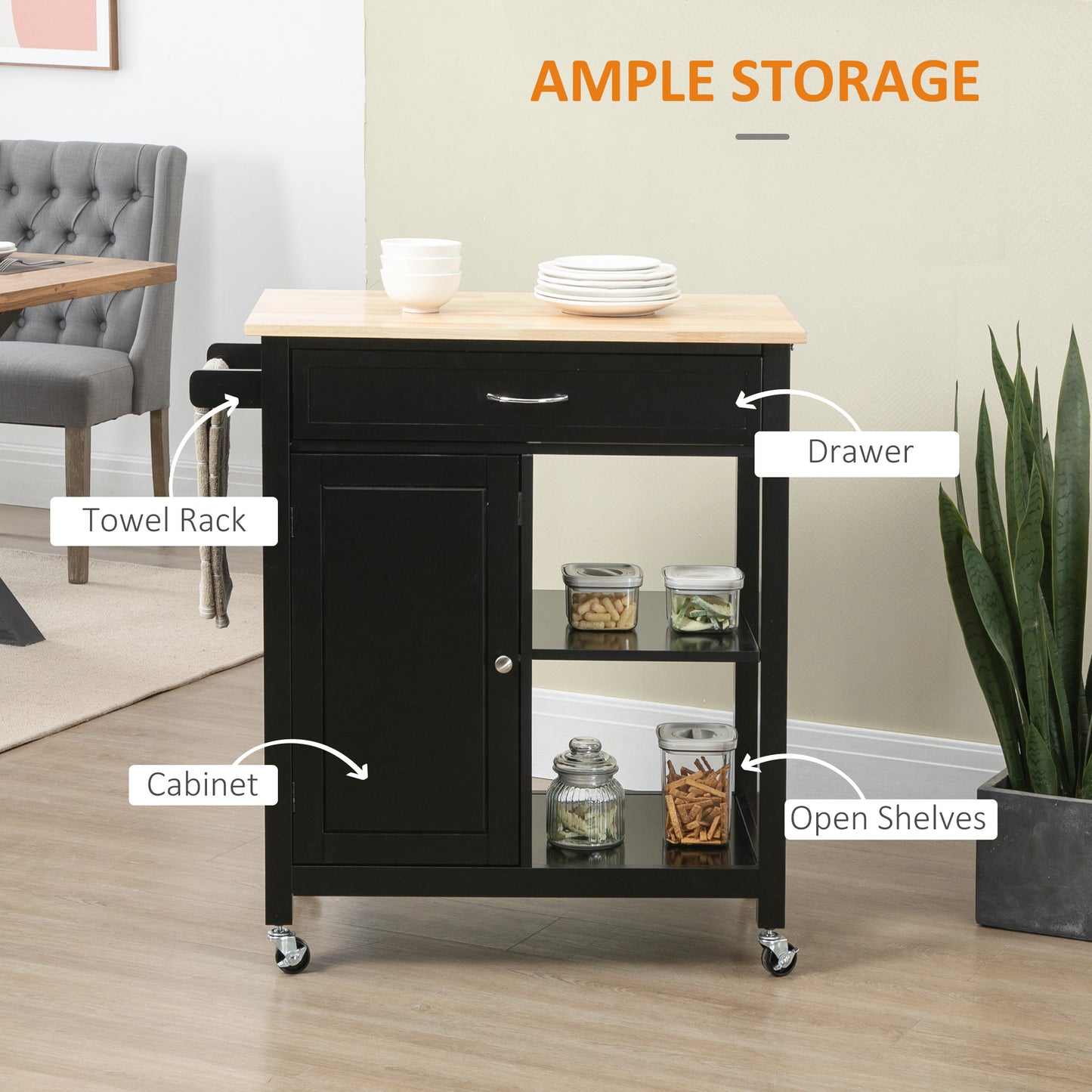 Rolling Kitchen Cart with Wood Top and Drawer, Kitchen Island on Wheels for Dining Room, Black | Aosom Canada