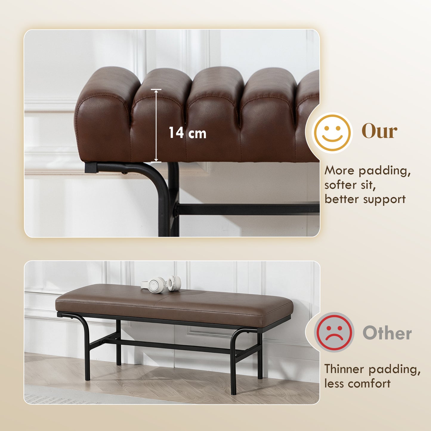 Bedroom Bench PU Leather End of Bed Bench with Cylindrical Seat and Metal Legs for Bedroom Living Room Hallway Brown