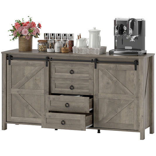 60" Buffet Cabinet, Farmhouse Sideboard with Sliding Barn Doors, Drawers and Adjustable Shelves, Distressed Light Grey