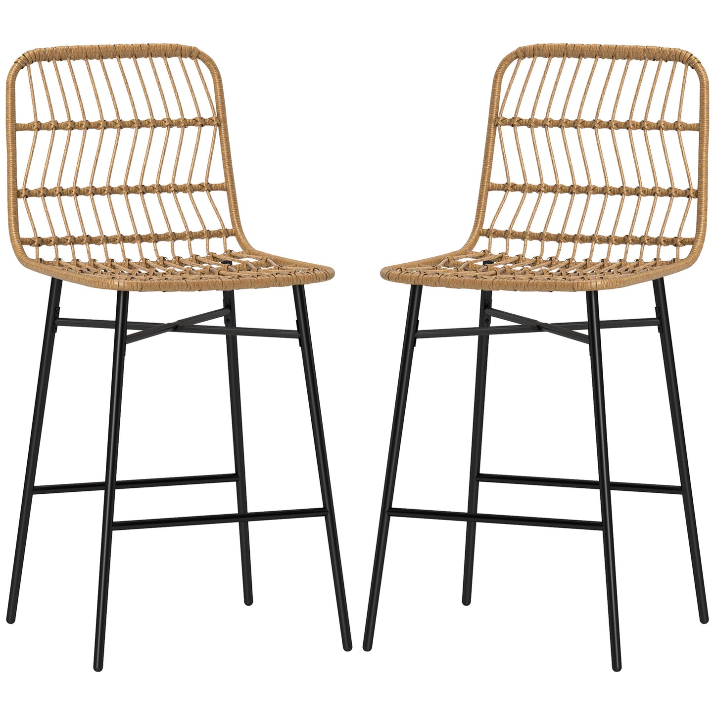 Rattan Counter Height Bar Stools Set of 2, 26" Counter Stools with Back, Modern Bar Chairs for Kitchen Island, Brown