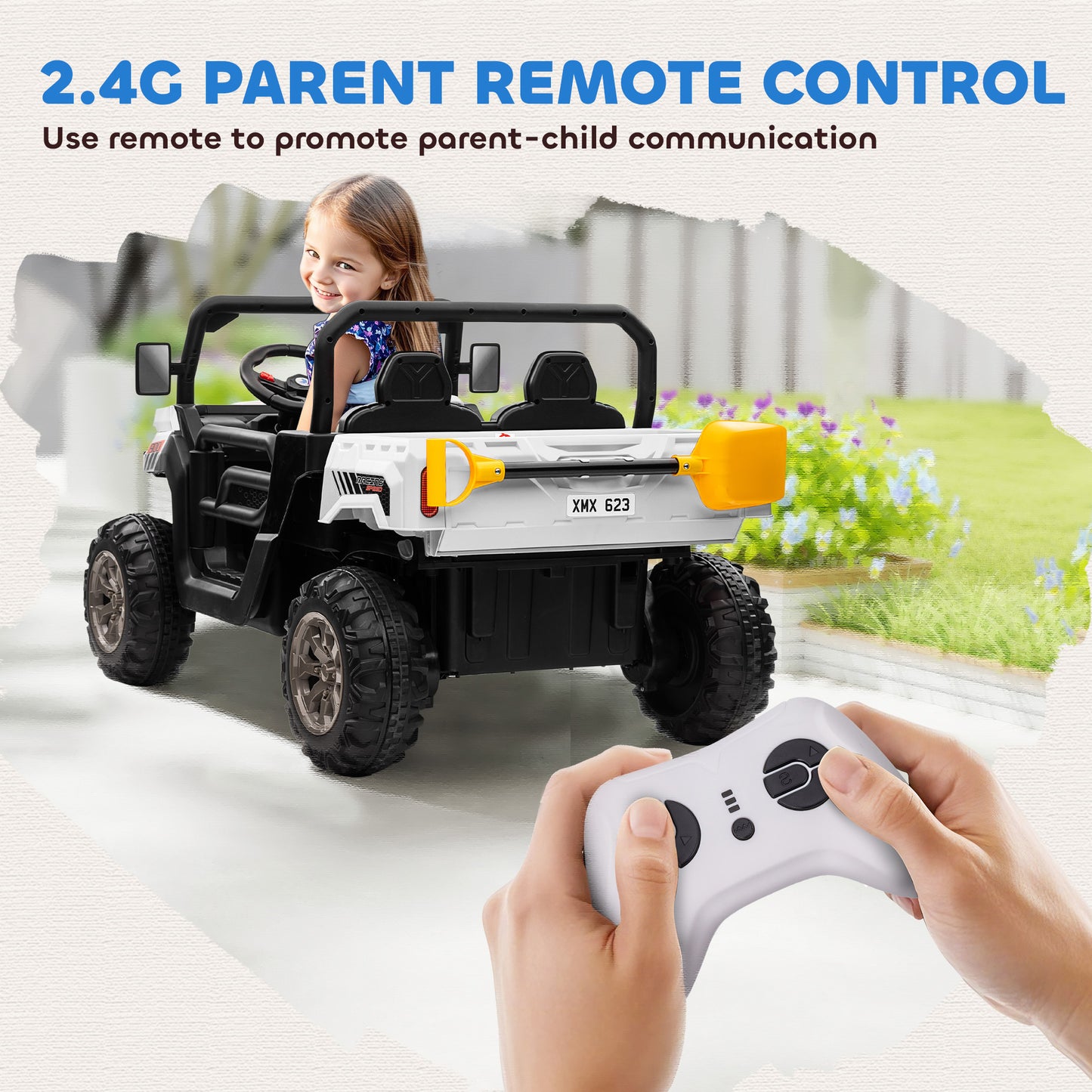 Aosom 12V Ride on Car with Electric Bucket, Two-Seater, Shovel, Remote Control, Spring Suspension, Horn, Music, White