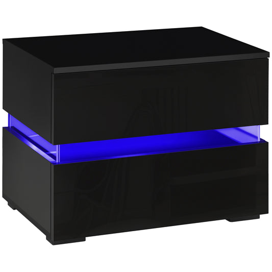 Modern Nightstand, Bedside Table with 2 Drawers, USB Powered RGB LED Lights for Bedroom, Black