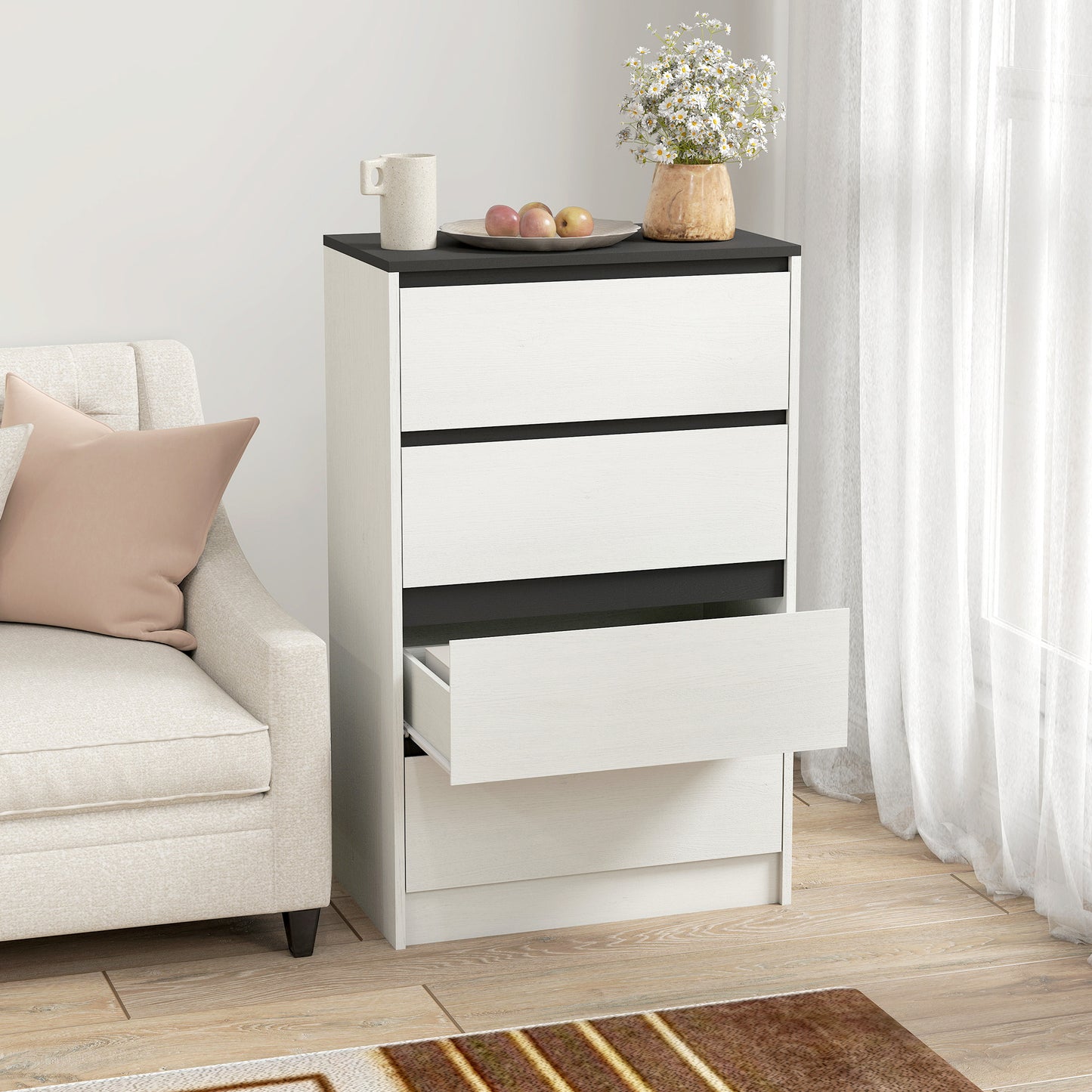 Tall Chest of Drawers, 4 Drawer Dresser for Bedroom, Living Room, Hallway, Modern Storage Cabinet, White Wood Effect