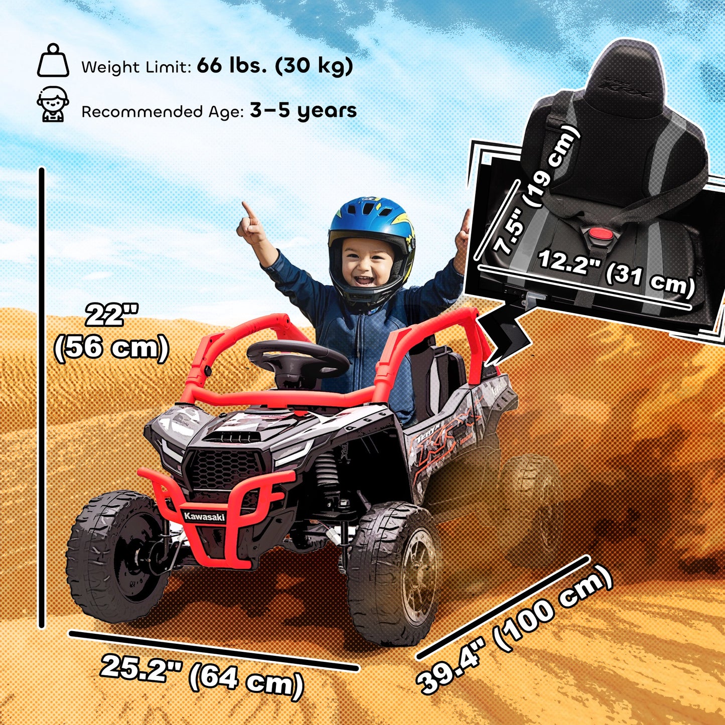 Qaba 12V Ride on Truck, Licensed KAWASAKI TERYX KRX 2WD Kids Electric Car with Rear Suspension for 3-8 Years, Red