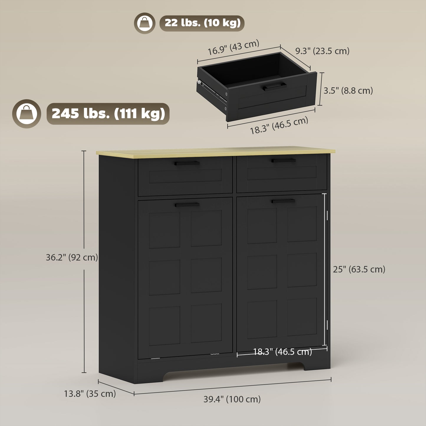 13 Gallon Tilt Out Garbage Cabinet, Kitchen Island with Trash Cabinet, 2 Drawers, Door Racks, Adjustable Shelves, Black