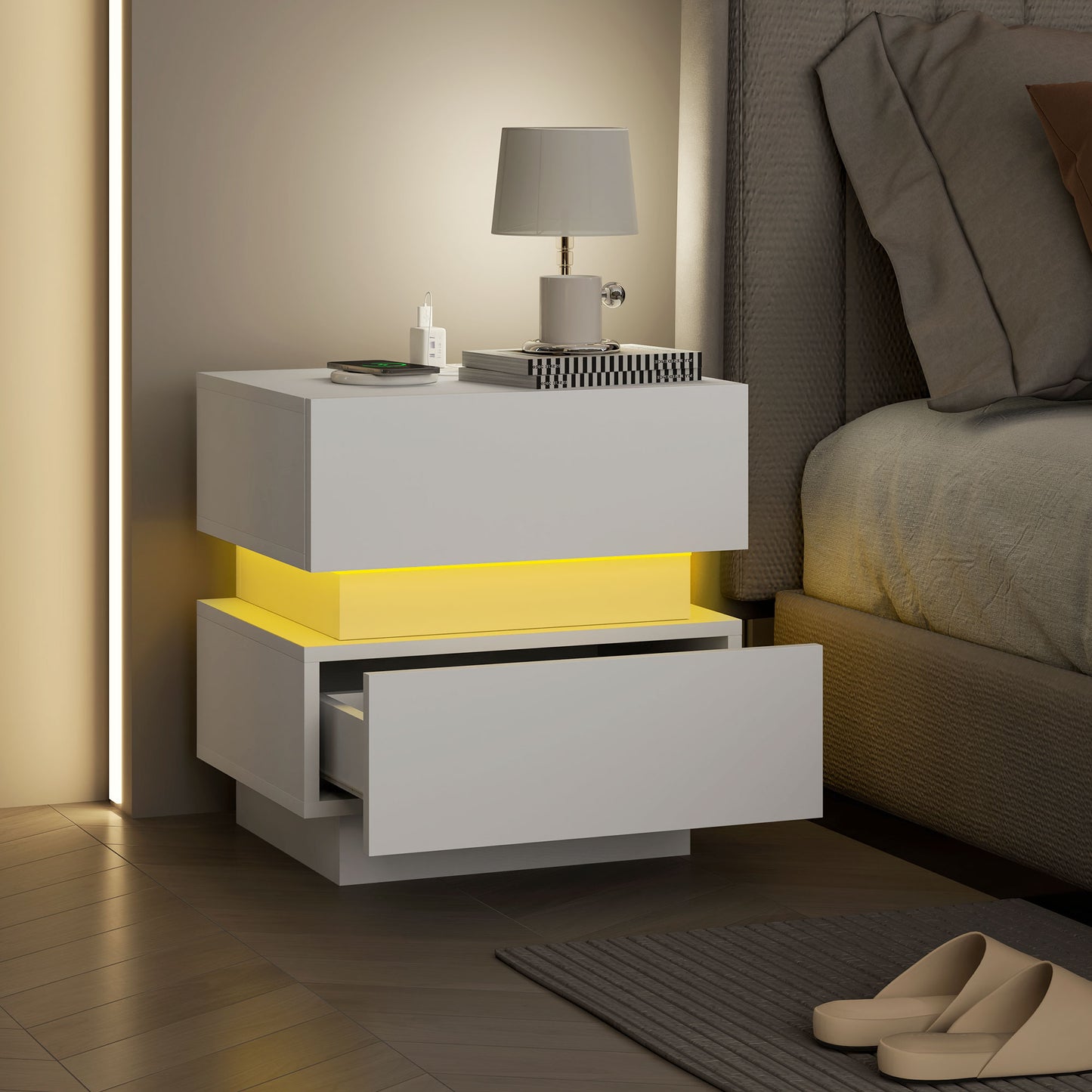 Bedside Table with Charging Station and LED Light Modern Nightstand with USB Ports AC Outlets Drawers Remote, White