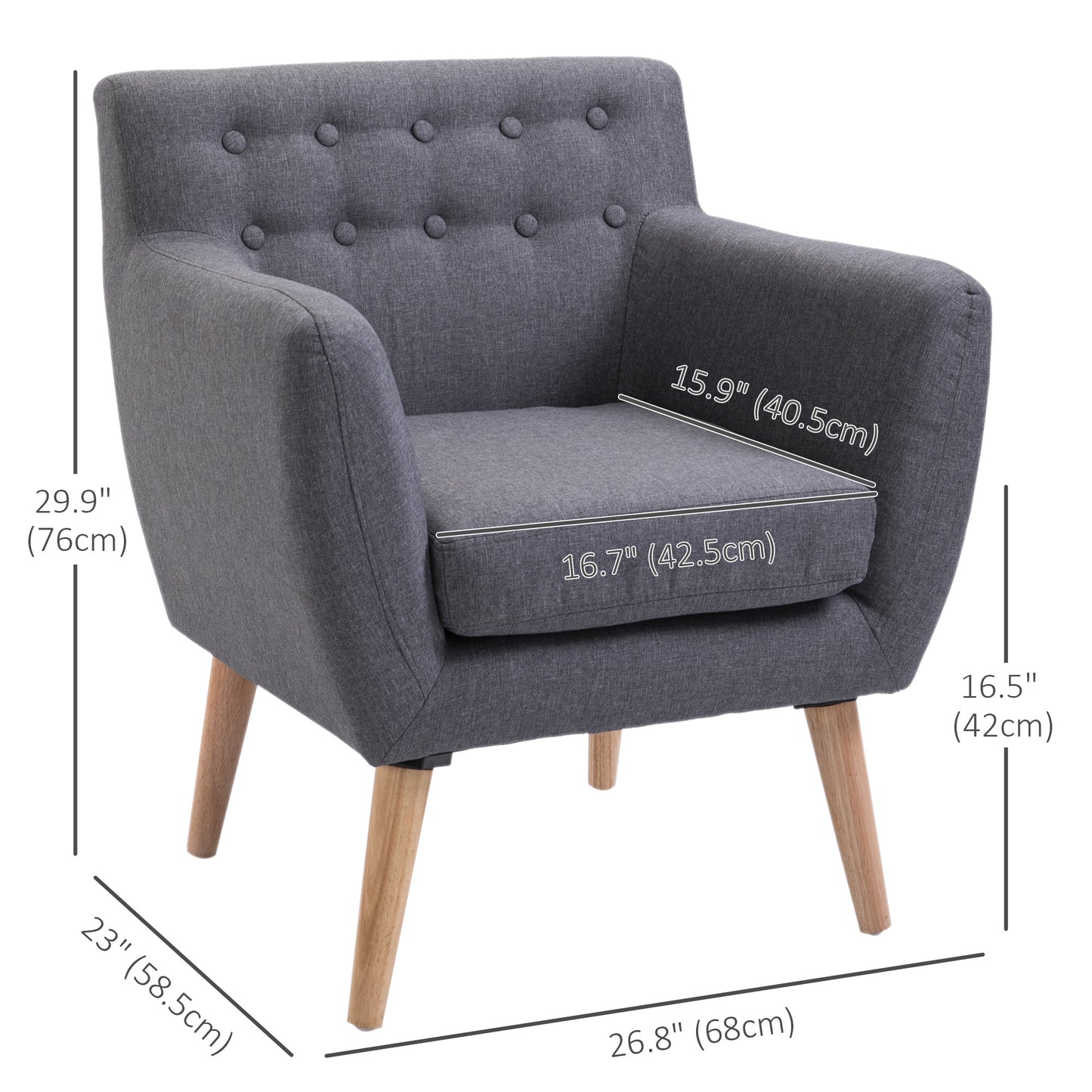 Linen Upholstery Armchair, Mid-Century Modern Accent Chair with Wood Frame and Thick Padding, Light Grey