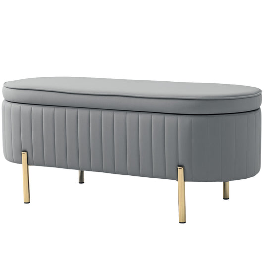 Upholstered Bedroom Bench, Channel Tufted Ottoman Bench with Thick Padding and Metal Legs, Grey